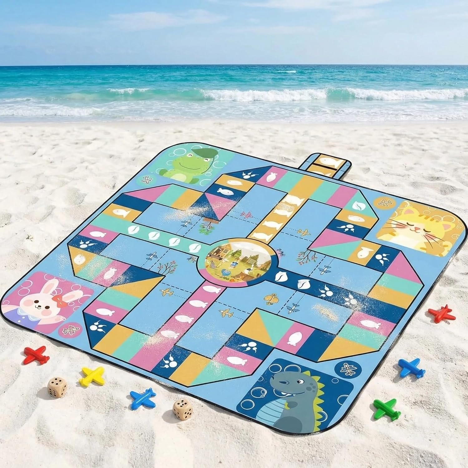 Flying Chess Game Picnic Blanket 80"x80" with Free Pieces, Waterproof Sandproof Extra Large Outdoor & Beach Blanket for Park, Camping, Travel (Style 1)