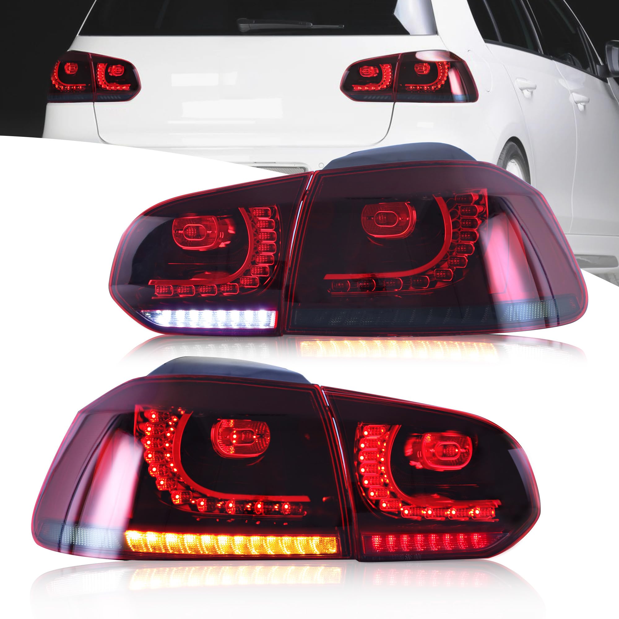 VLAND LED Fanali posteriori per Golf 6 GTI TDI TSI R 2008-2013, Con indicatori di direzione dinamici, 1 coppia (Rosso e fumo)