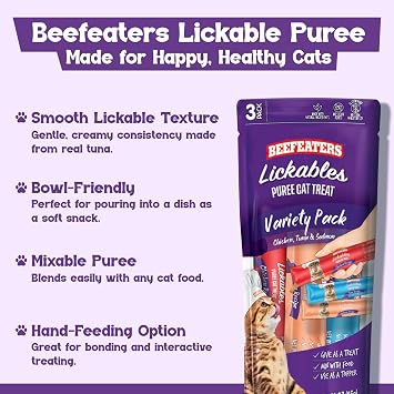 Beefeaters Variety Pack Pure Cat Treats 1.59oz (12 Pack) | Lickable Squeeze Tube Treats, Grain-Free, No Added Sugar, Taurine-Enriched, Ideal for Bonding, Seniors, Toppers & Everyday Treating