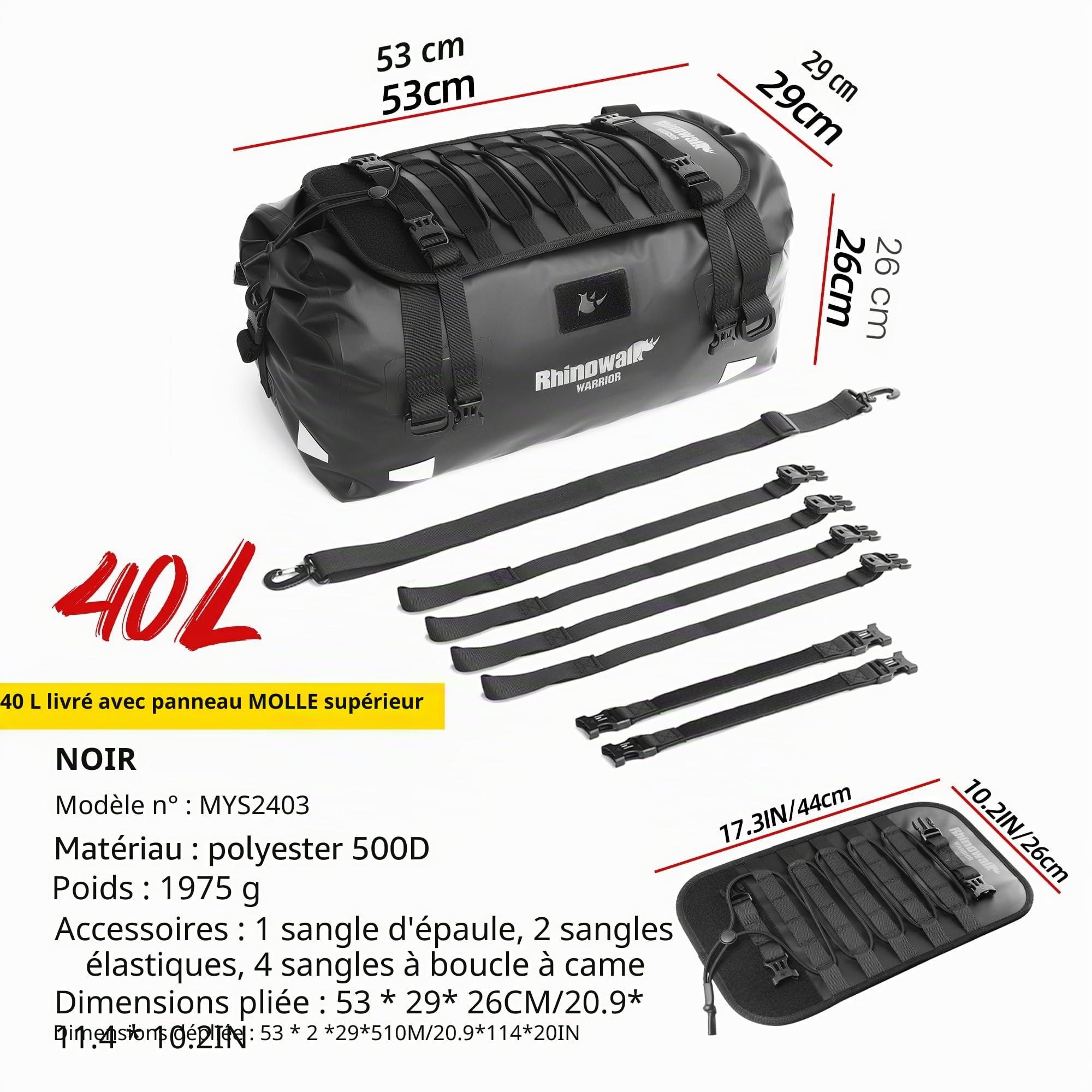 Rhinowalk Sac arrière pour moto 40L – Sac de bagages étanche avec panneau d’extension, système MOLLE et fonction sac à dos