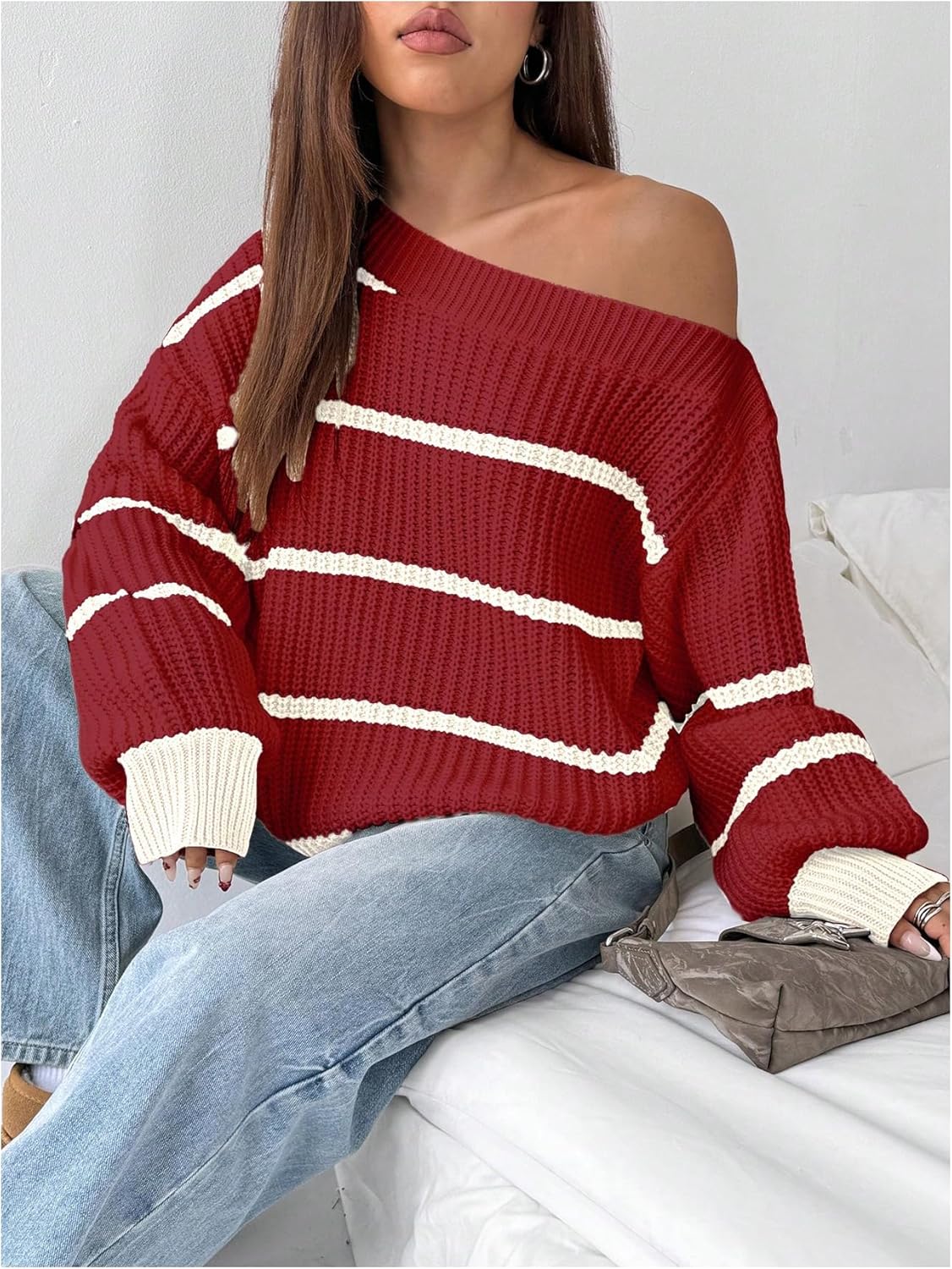 Verdusa Women's Oversized Off The Shoulder Sweater Chunky Knit Striped Long Sleeve Pullover Tops Fall Clothes - Image 3