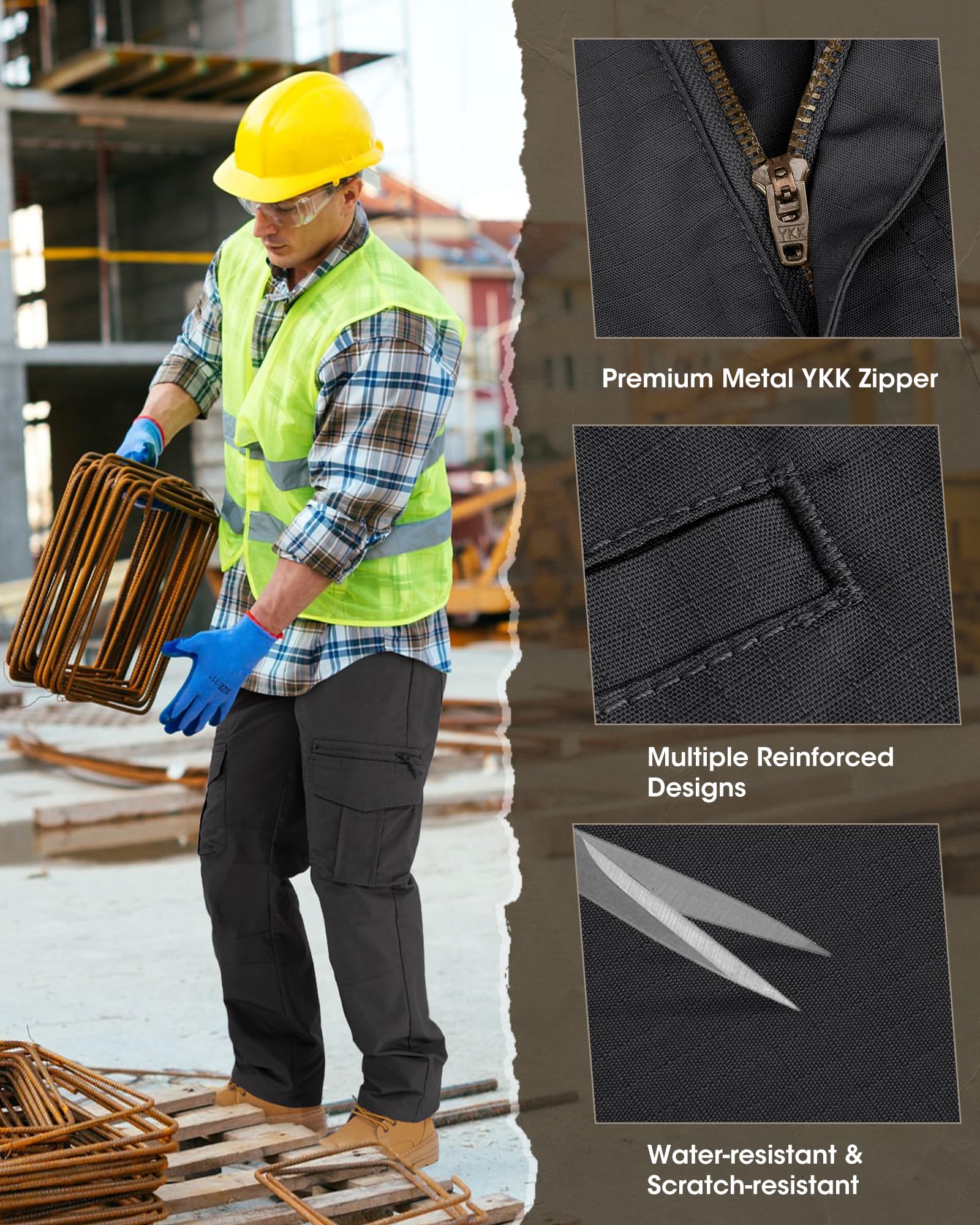 IGOLUMON Pantalon de Travail Homme Pantalon Cargo Stretch avec Plusieurs Poches Taille Elastique Pantalons de Randonnée Loisirs Vêtements de Sécurité