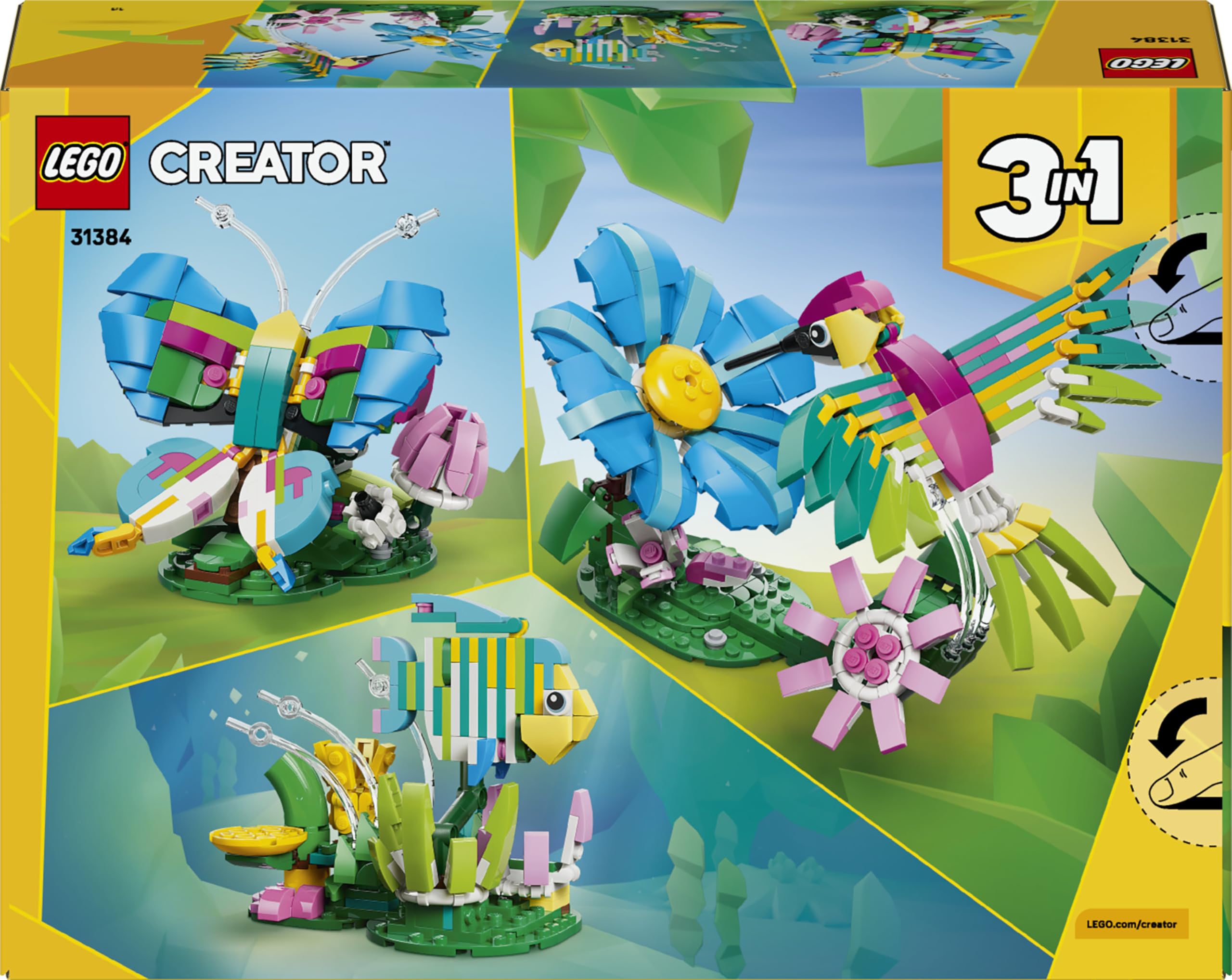 LEGO Creator 3in1 Wild Animals: Colourful Hummingbird - Bird Toy Transforms into a Butterfly or Fish Figure - DIY Room Decor Idea - Creative Gift for 8+ Year Old Girls & Boys - 31384