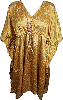 Mogul Interior Women Kaftan Dress Printed Yellow Resort Wear Bohemian Short Caftan One Size