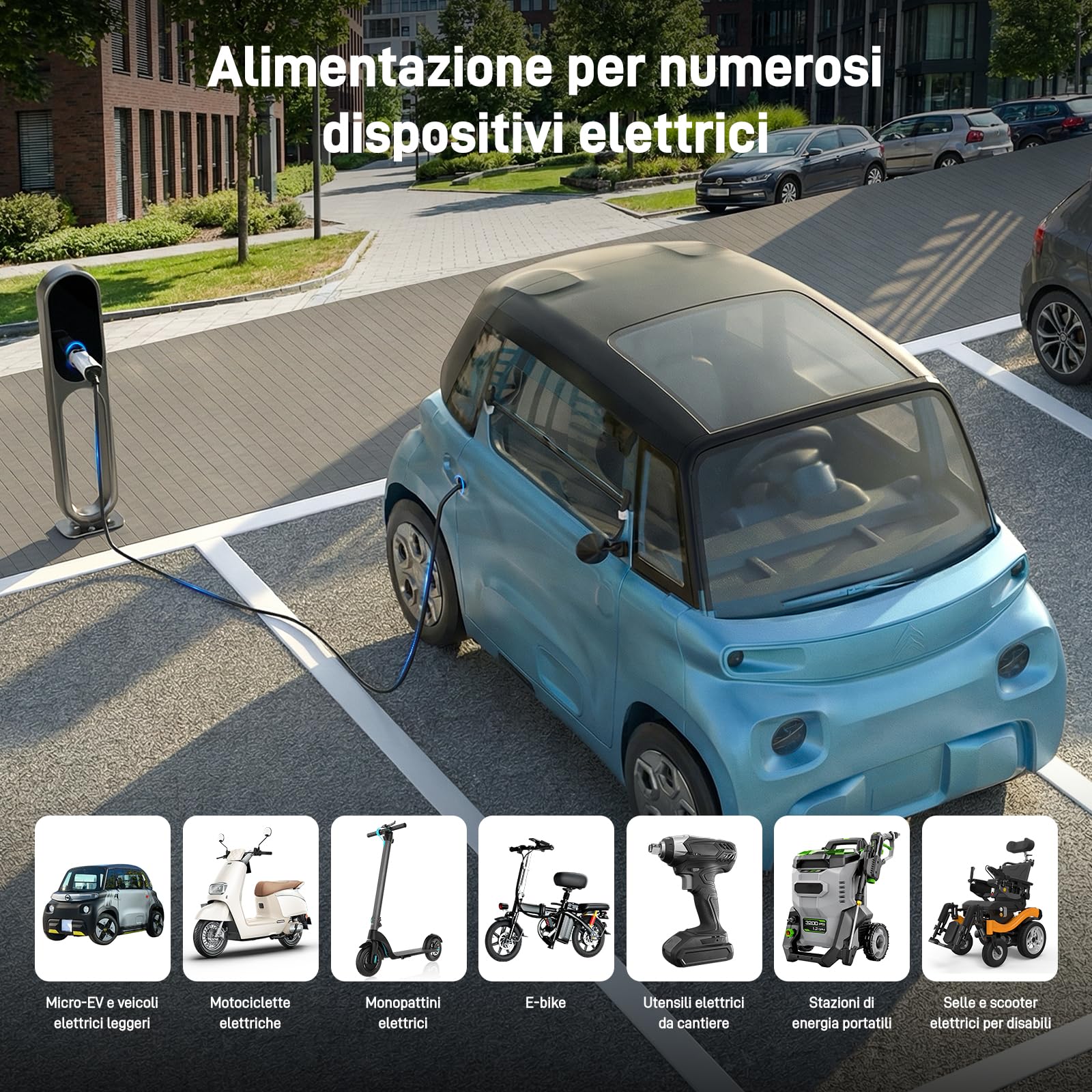 Adattatore Tipo 2 a Schuko per Colonnine di Ricarica & Wallbox (230 V, 16 A, 3,68 kW, IP44) | Spina Tipo 2 a Presa Schuko per E-Bike, Monopattini, Moto e Microcar Elettriche (non per V2L)