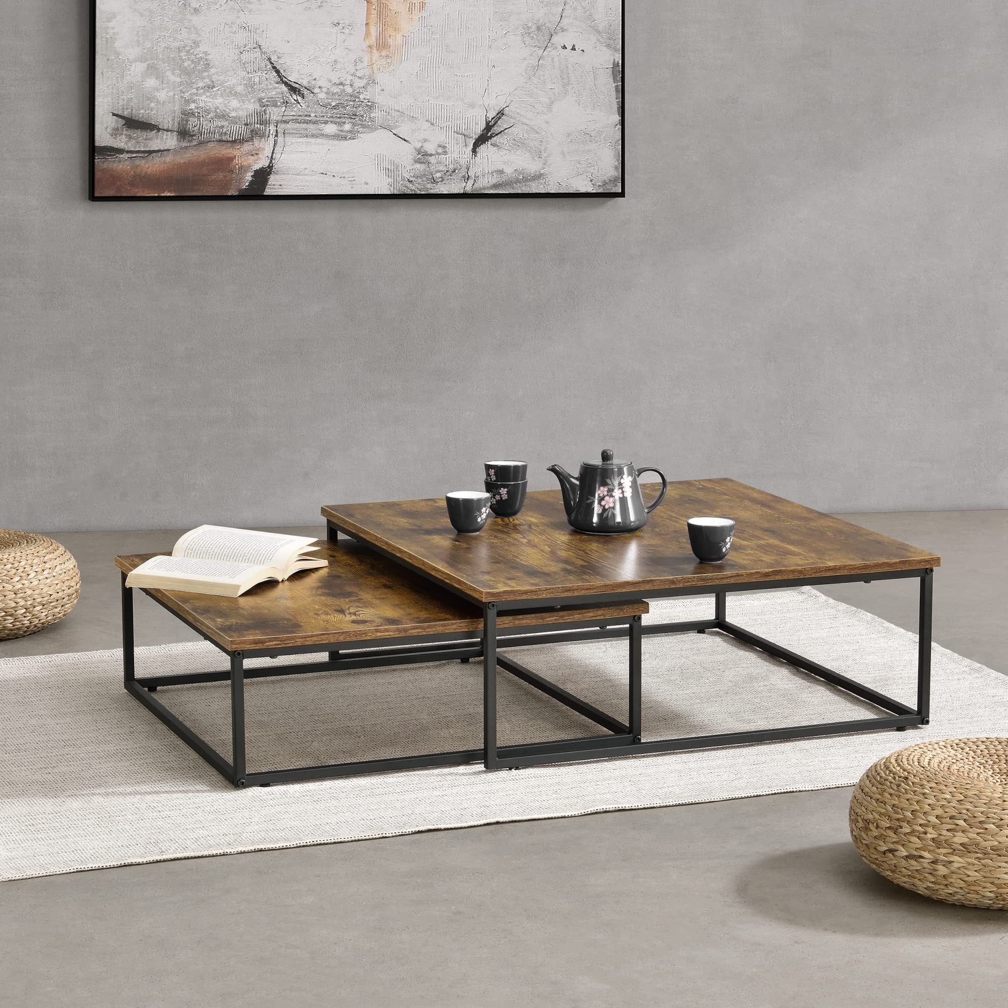 [en.casa] Set di 2 Tavolini Bassi da Salotto/Sale di Attesa - Tavolini Sovrapponibili di Forma Rettangolare in Dimensioni Diversi - Color Legno Scuro