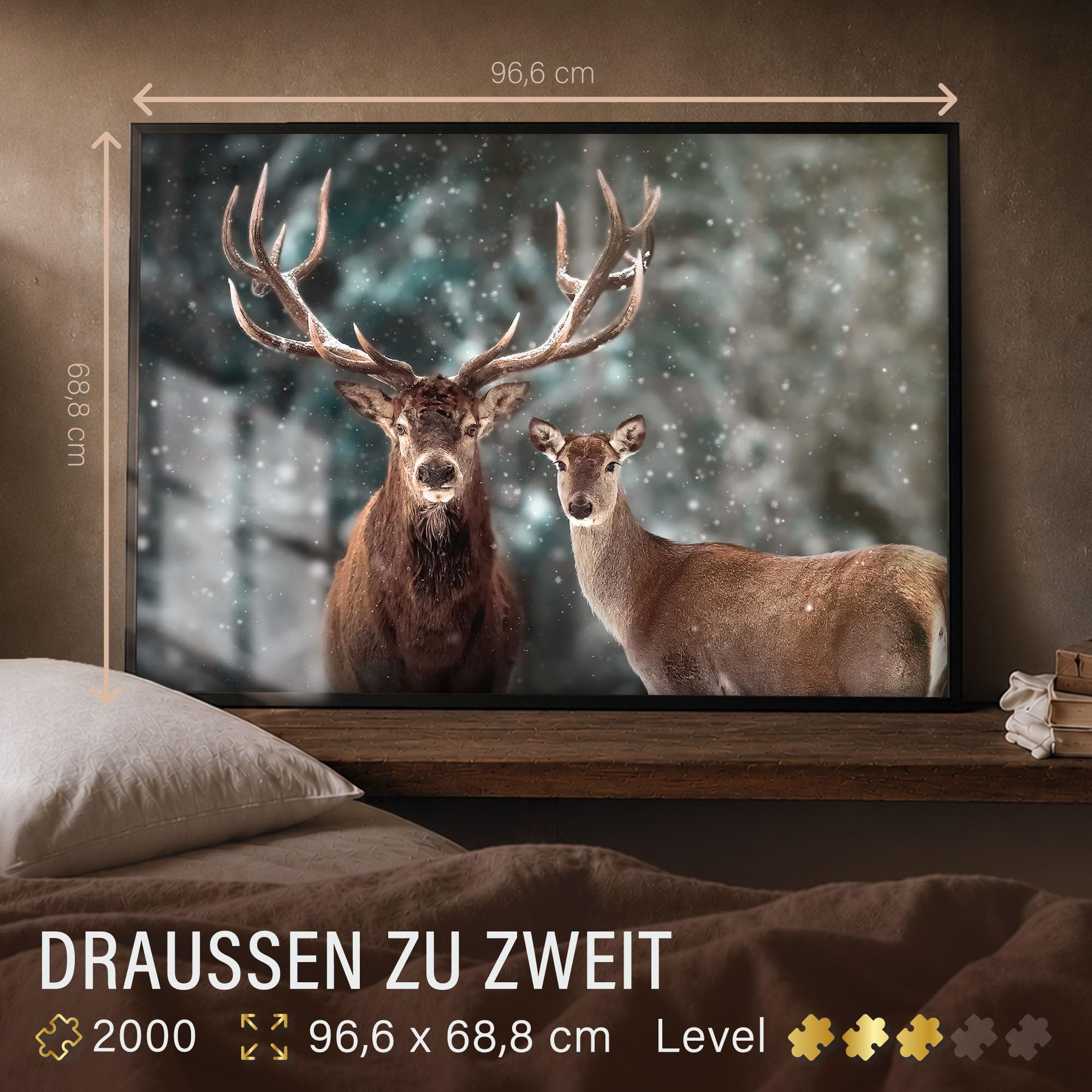 Ulmer Puzzleschmiede - Puzzle z jeleniem na zewnątrz dla dwojga - klasyczne puzzle 2000 elementów - para jeleni na zimowym tle - nowoczesne puzzle ze zwierzętami