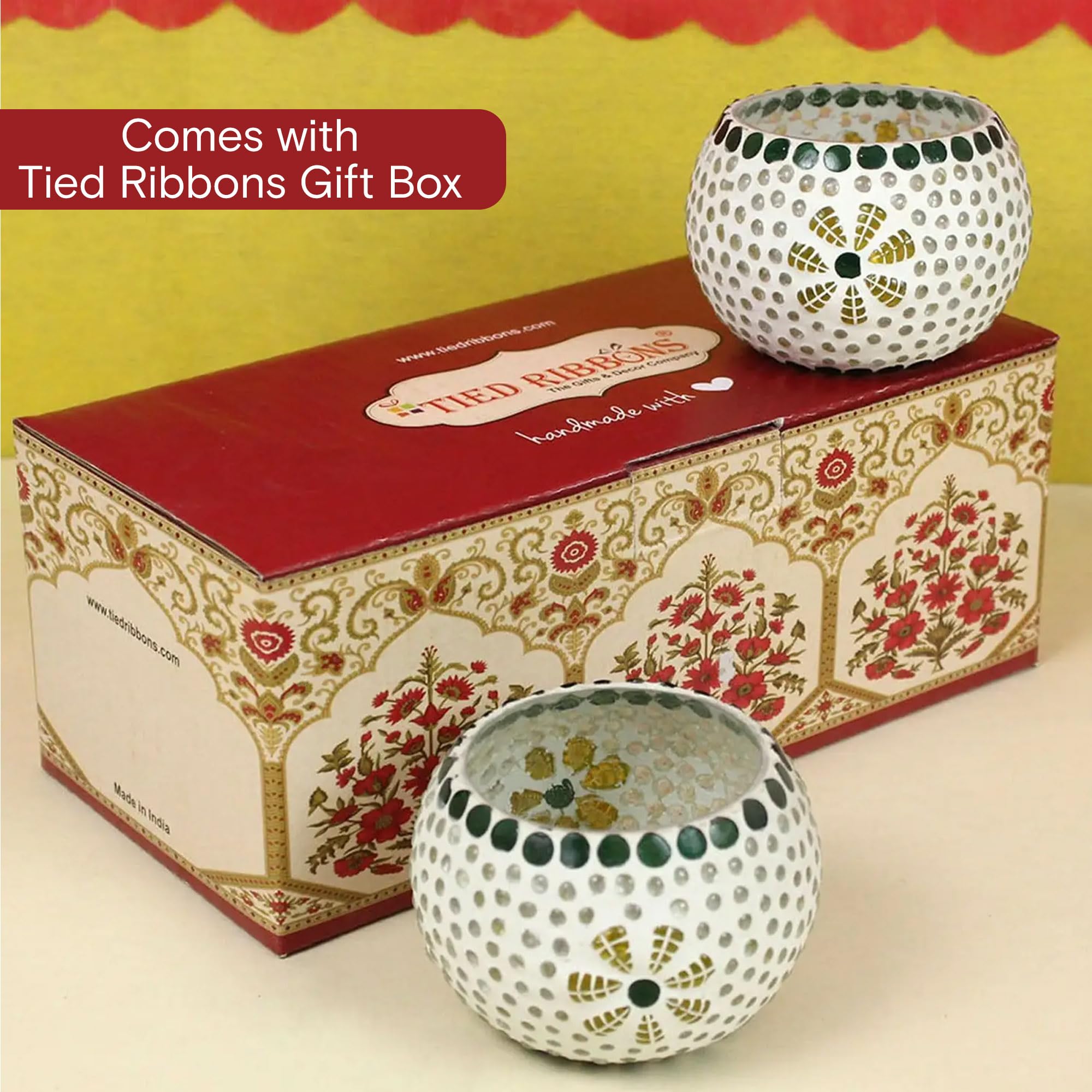 TIED RIBBONS Pack of 6 Mosaic Glass Votive Tealight Candle Holders for Dining Table - Decorations Items for Decor Living Room (Pack of 6, Glass) - Decorations Items for Home Office - Gifts 4