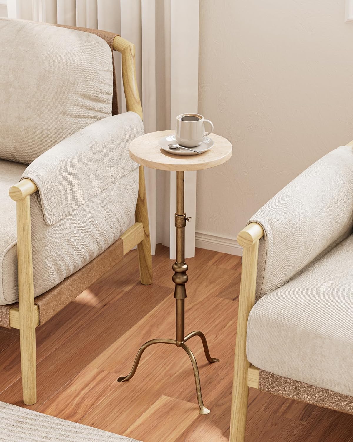 Adjustable Height Round Pedestal Table - 22-30 Inch, Modern Martini Cocktail End Table with Natural Travertine Top & Antique Brass Base for Small Spaces Living Room, Bedroom (Beige Travertine)