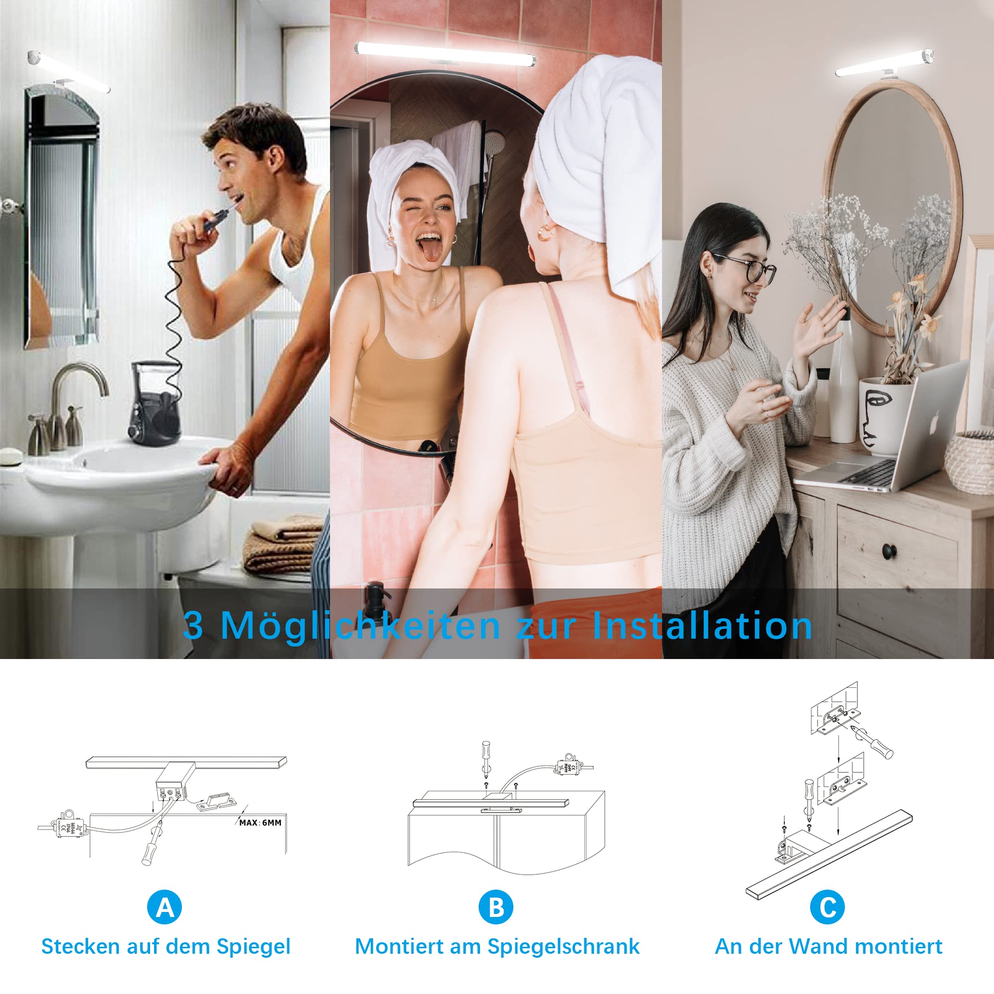 Aourow Lámpara de Espejo LED 40cm 10W 1200lm,Luz de Espejo de Baño Neutra Blanca Súper Brillante 4000K,Impermeable IP44,Aplique de Espejo de Baño No Estroboscópico 230V,Clase II(Sin Interruptor)