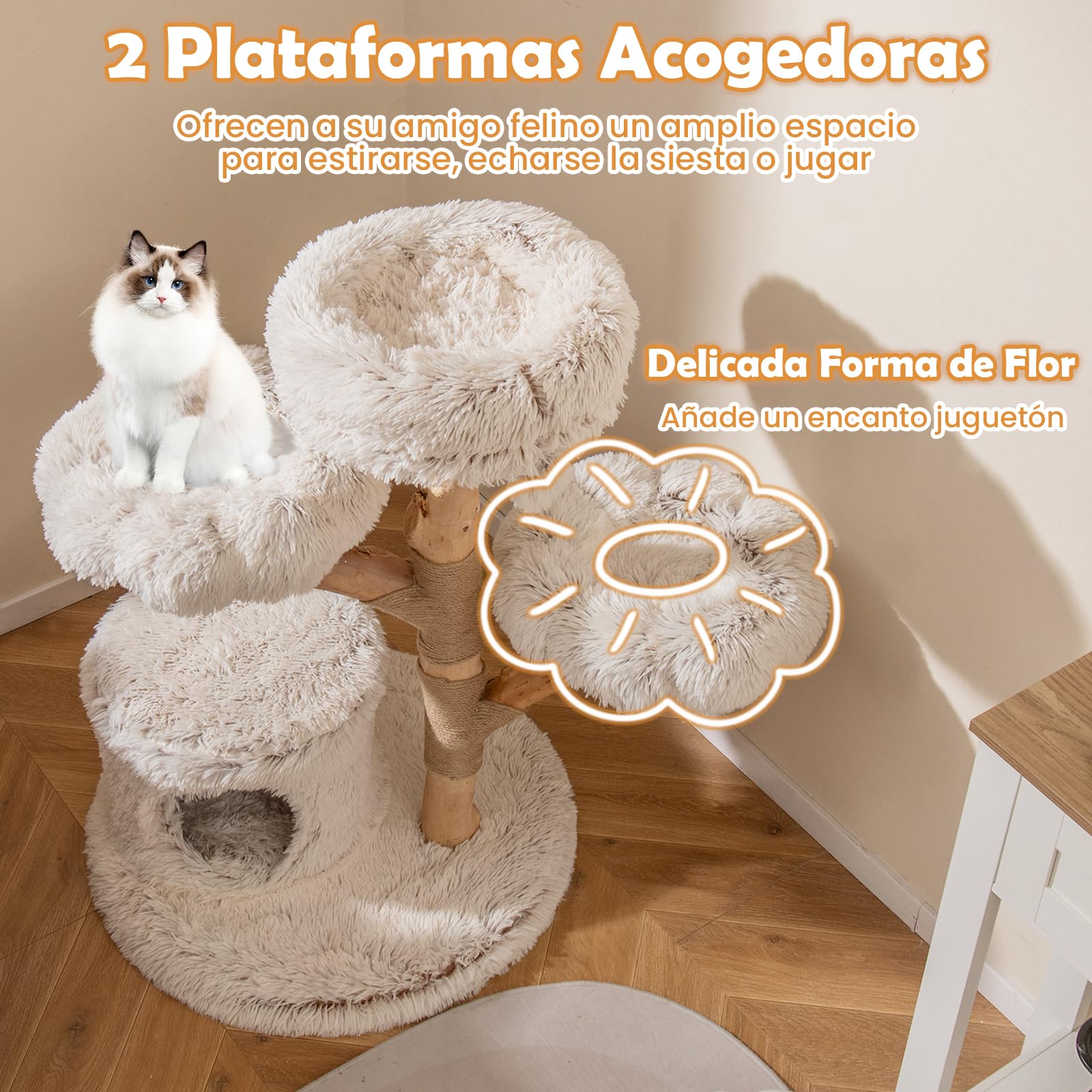 COSTWAY Árbol para Gatos Moderno de Madera Maciza, 102 cm Torre Gatos Rascador Acolchado con Felpa Extra Suave, Rascador para Gatito, 3 Plataformas, Poste de Yute, Nido, Bola Colgante, Blanco