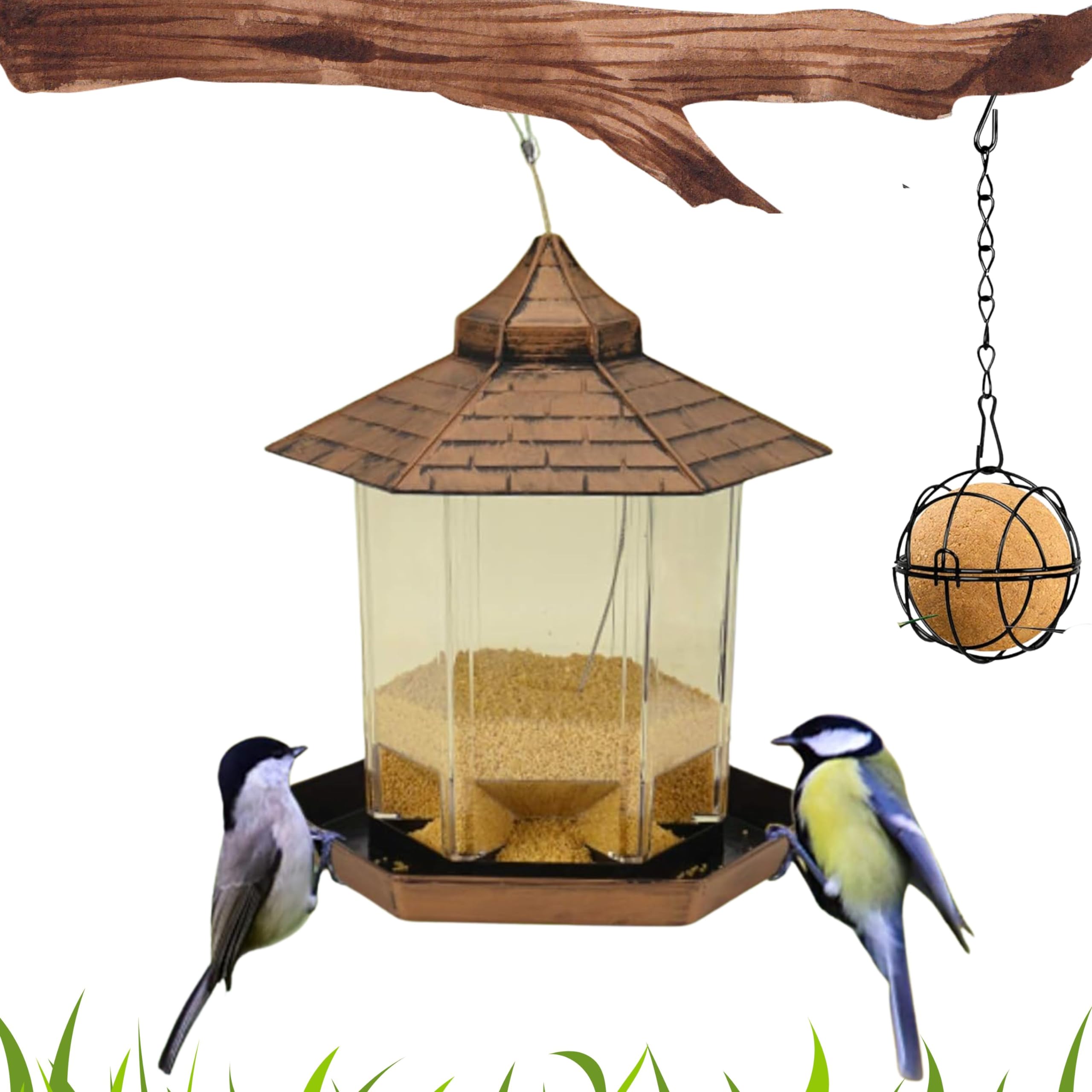 Amzentials - Pack De Comedero para Comida Pajaros Exterior Y Soporte para Las Bolas De Grasa para Pajaros - Gran Capacidad, Diseño Elegante Y Fácil Recarga - Comedero Pajaro para Exterior/Interior