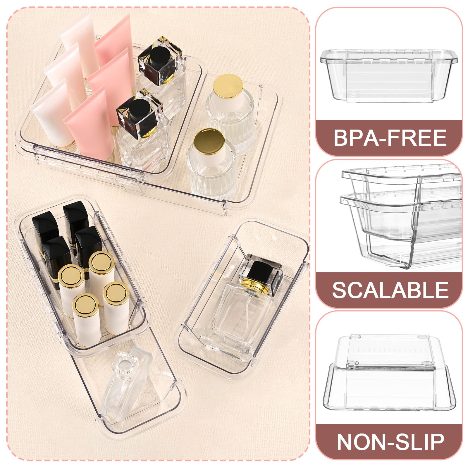 15 organizer trasparenti per cassetti, regolabili, organizer per cassetti da scrivania, bidoni in acrilico per trucchi, cosmetici, gioielli