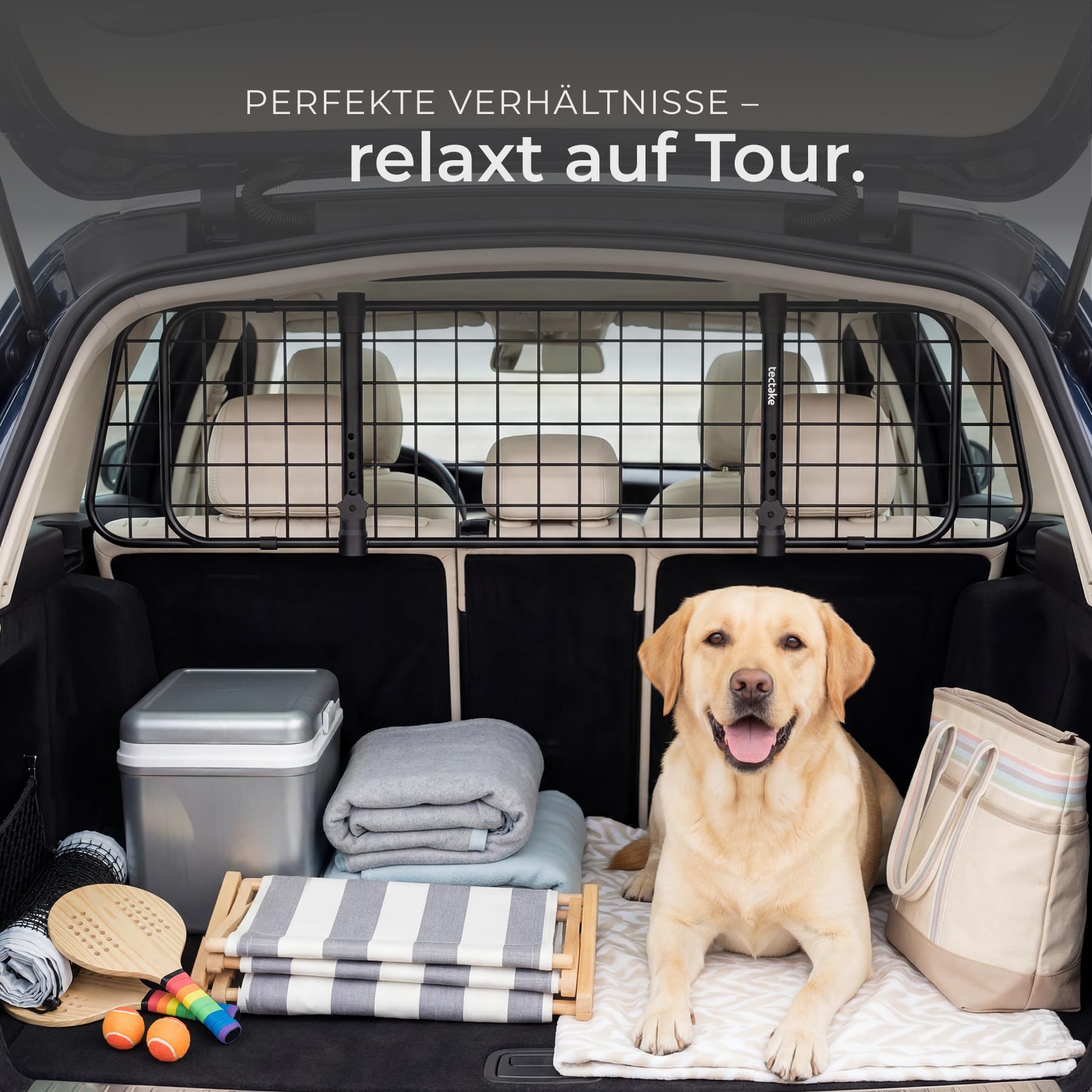tectake® Hundegitter Auto, universal Hundeschutzgitter mit Variabler Breite, mobiler Kofferraumschutz, Gitter Trenner Absperrung, Zubehör für Auto Reise mit Hund, Hundeabsperrgitter,