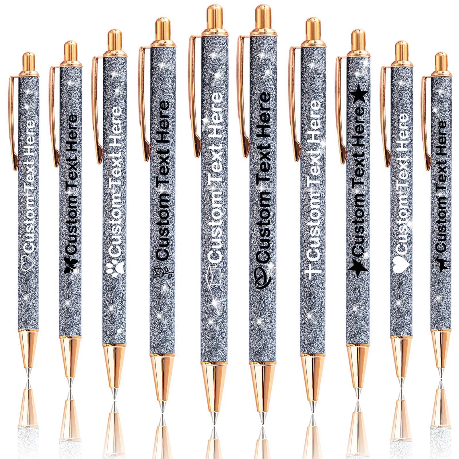 Xiuyours Personalised Pens for Men Custom Glitter Pen with Name Logo Imprinted, 10 Customised Sparkly Bling Ballpoint Pen Gift for Wedding Birthday Office Graduation, Gray