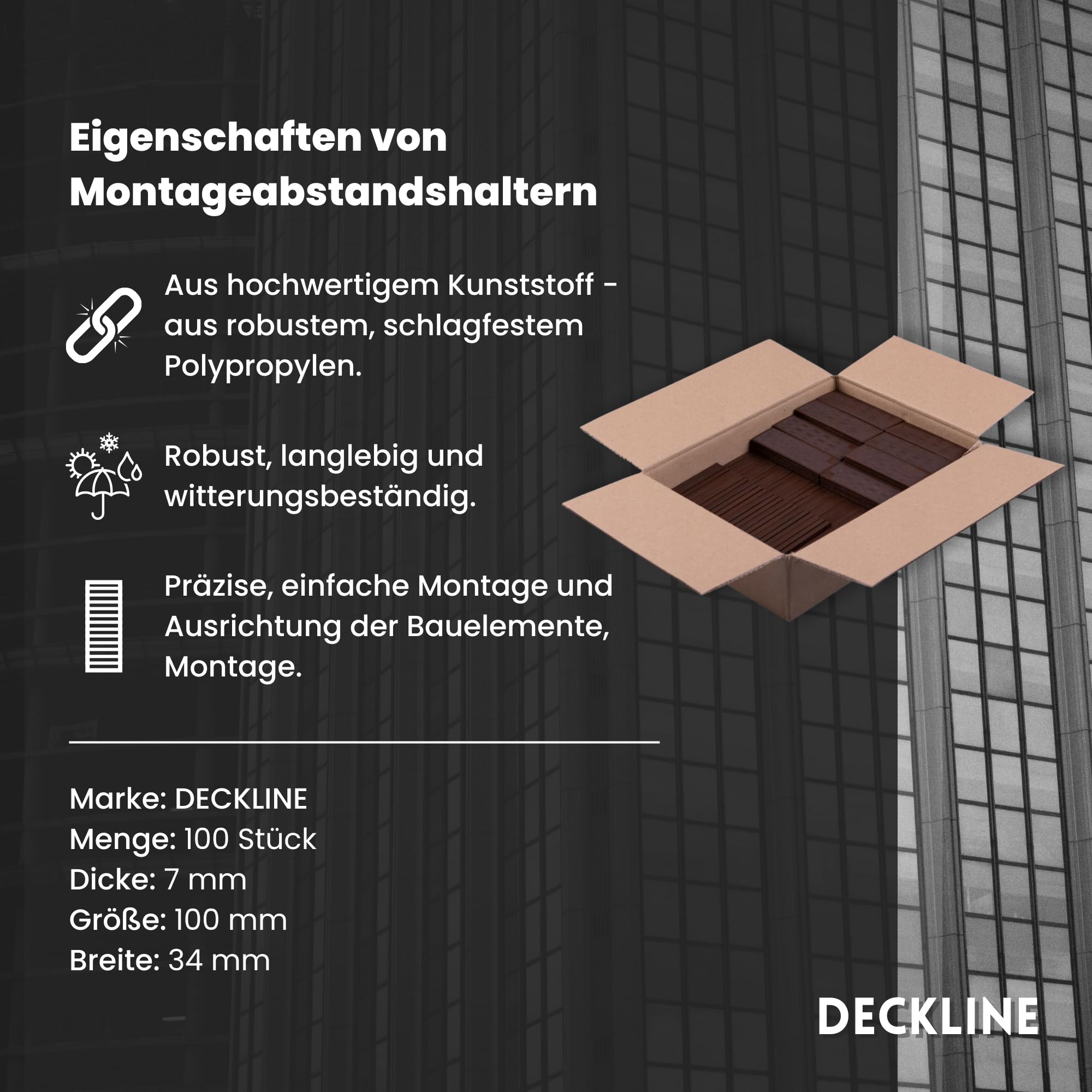 Abstandshalter Kunststoff - 100 Stück - 34 x 100 x 7 mm - Set - Distanzklötze für Fußböden, Fenstern, Türen - Verglasungsklötze - Unterlegplatten - Fensterklötze