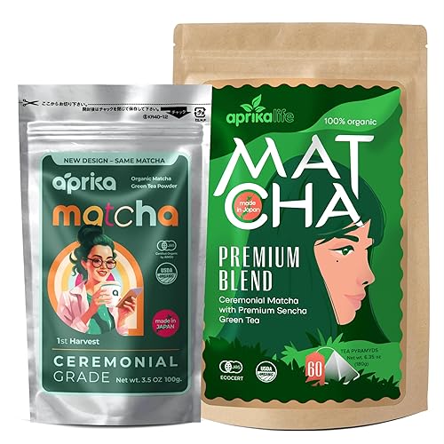 Aprika Life - Paquete de matcha japonés, 3.53oz de polvo matcha ceremonial + 6.35oz de té verde matcha premium (60 bolsas)