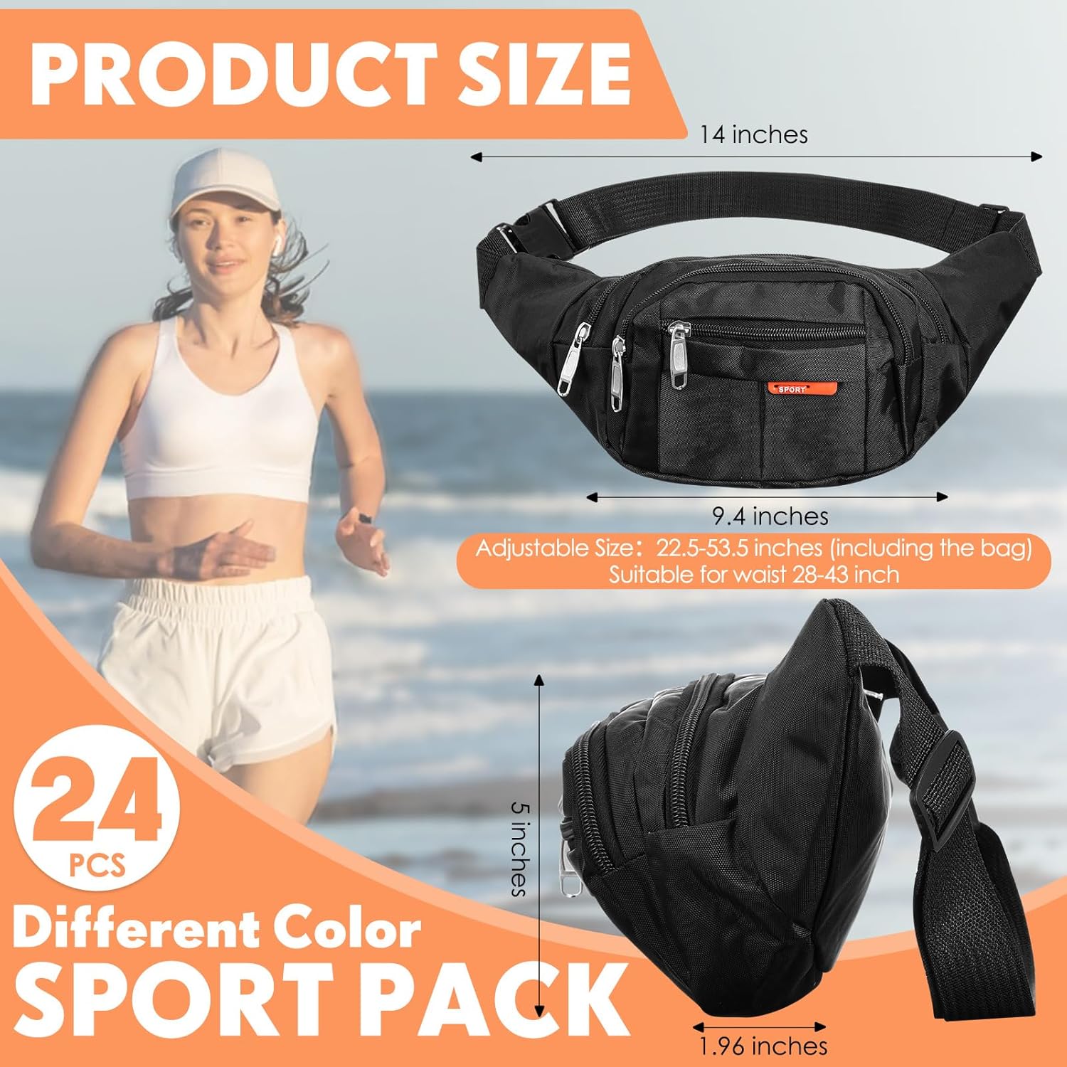 Silkfly 24 Pcs Adults Fanny Pack 14inch Plus Size Crossbody Waist Bags Bulk Waterproof Waist Bags with Adjustable Belt Fanny Pack for Women Men Sport Traveling Running Outdoor, 24 Colors