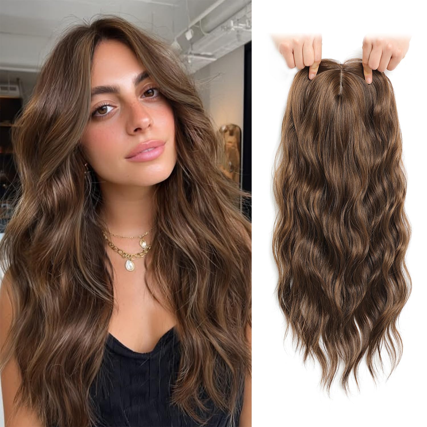 Molefi Hair Toppers for Women with Thinning Hair 20inch Wavy Clip in Topper with Large Base Synthetic Affordable Wiglets with Face-Framing Curtain Bangs for Daily Wear