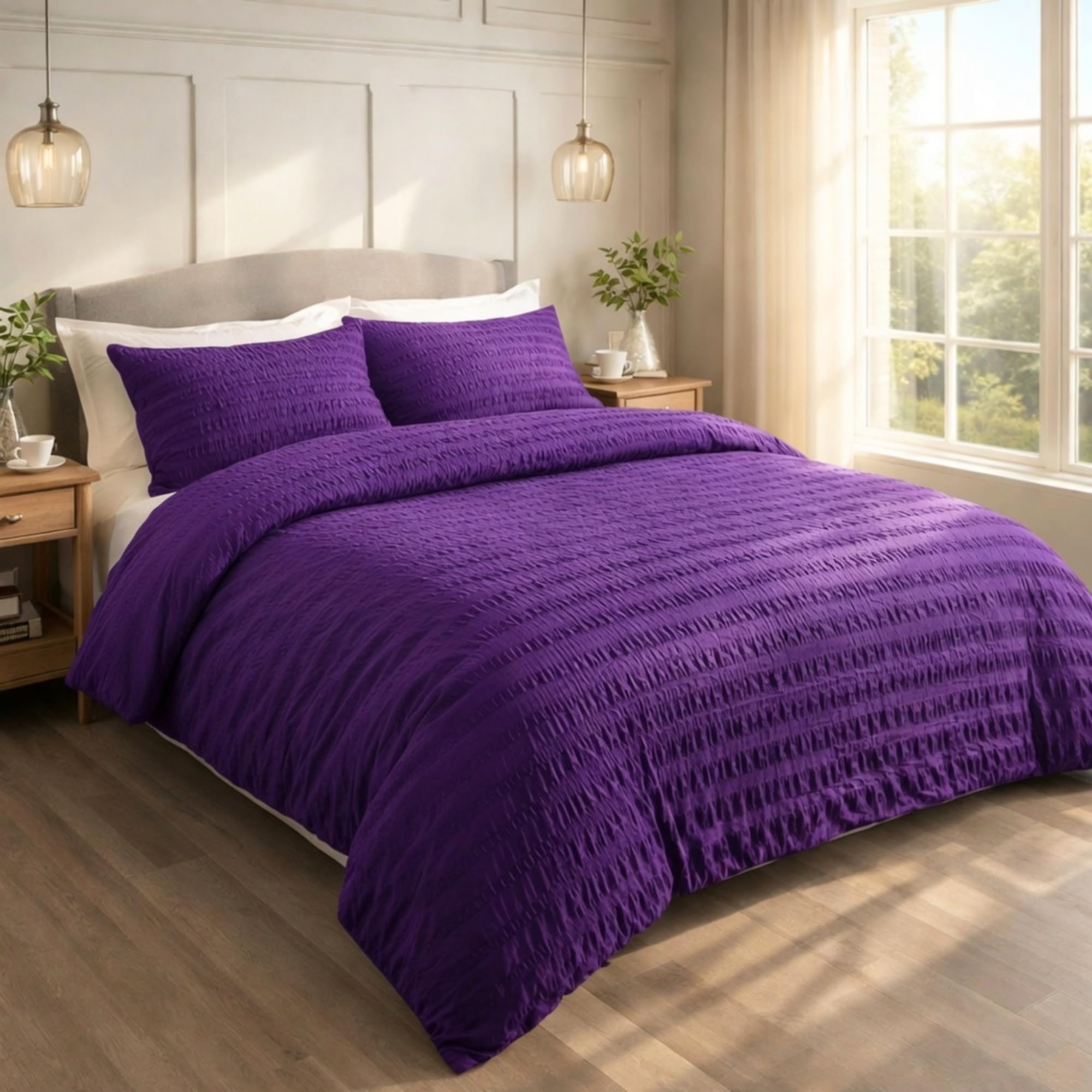 Seersucker Super King Duvet Cover Set Royal Blue with Pillowcase, Ultra Soft Brushed Microfiber Bedding Set, Breathable, Easy Care, Machine Washable Quilt Cover, Wrinkle Resistant