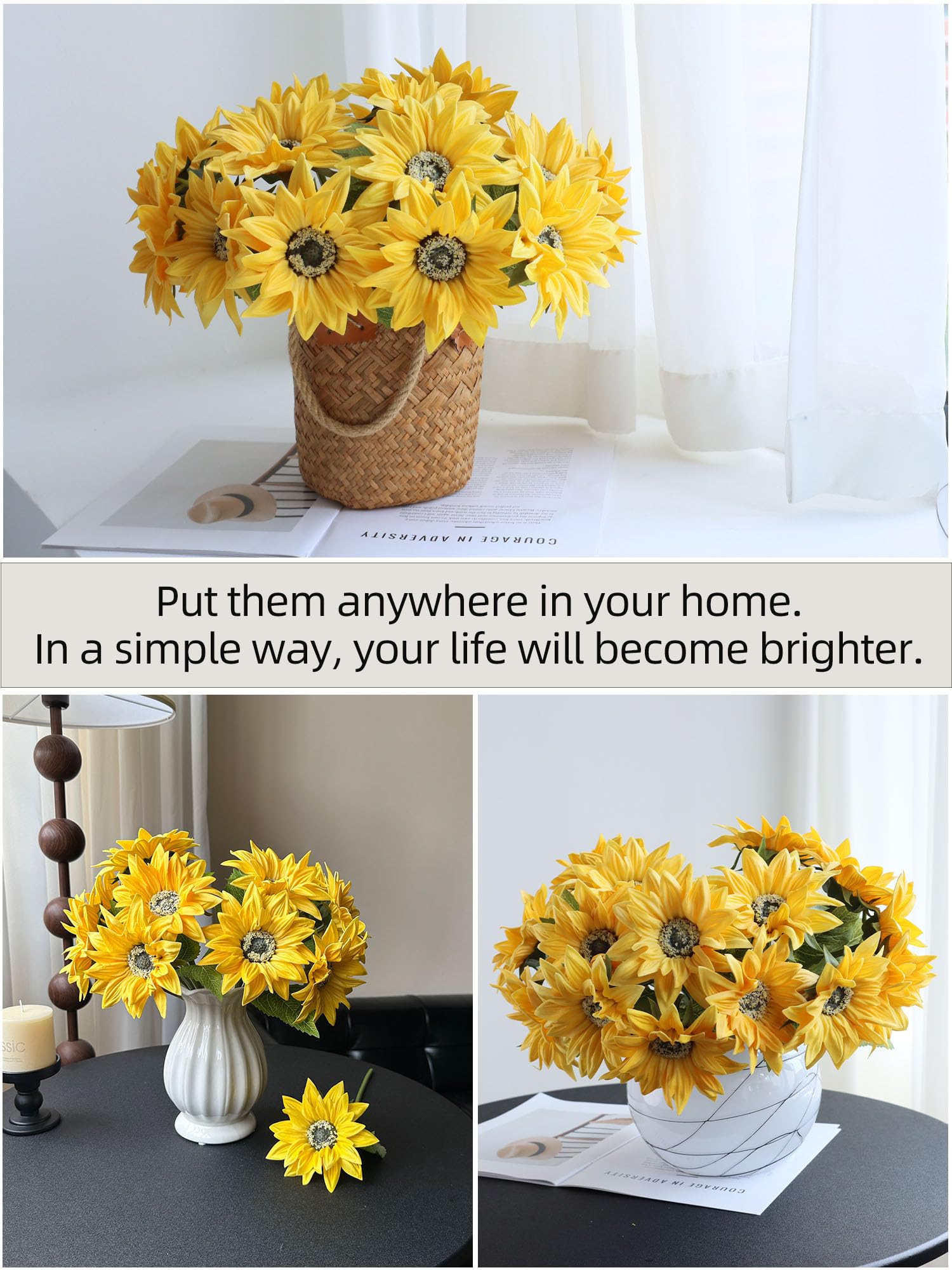 Girasoles Künstliche Sonnenblumen, für Damen oder sie, Sonnenblumen-Dekoration für Zuhause, Kranz oder Tischdekoration, Gelb, 15 Stück