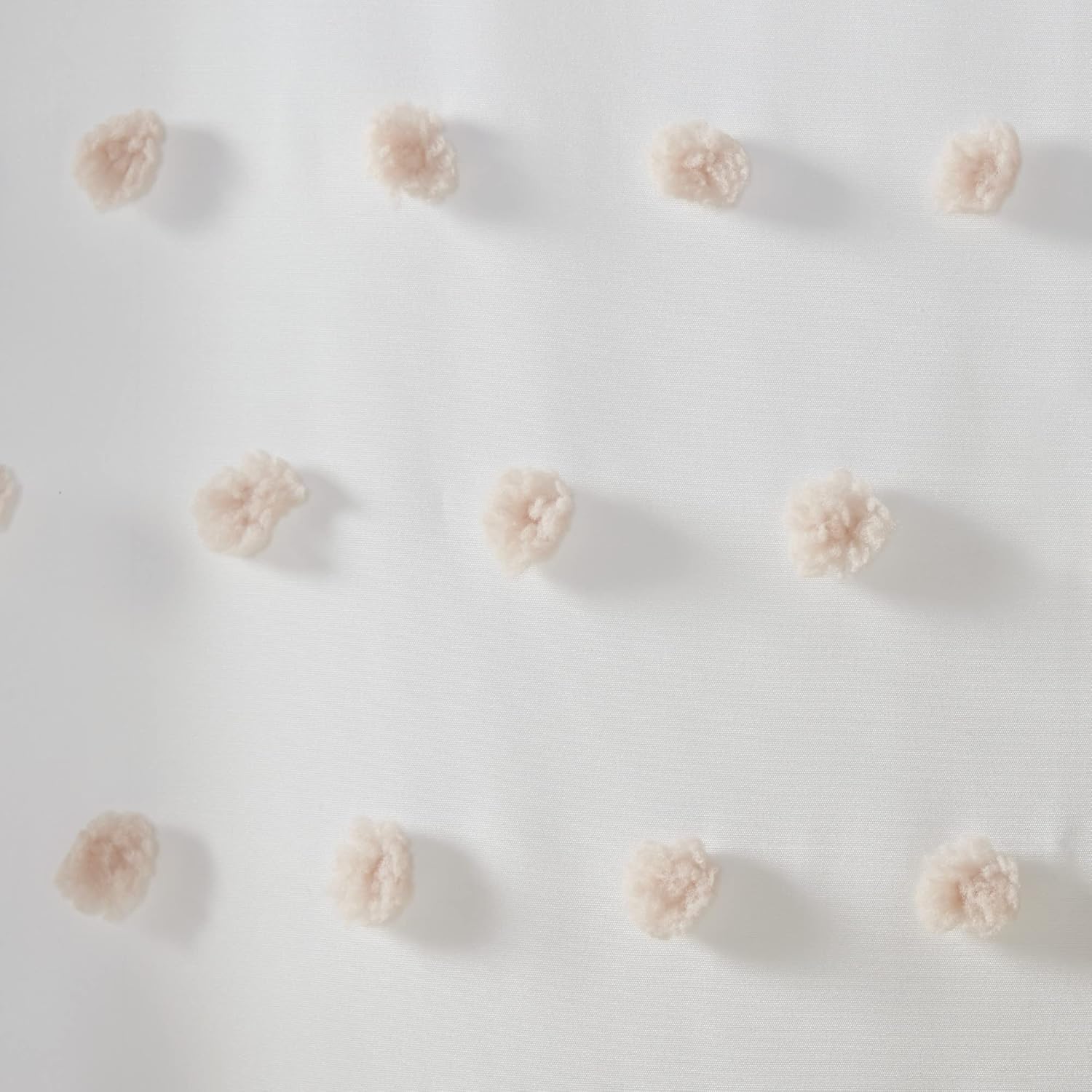 White Polyester Shower Curtain with Blush Pom Poms