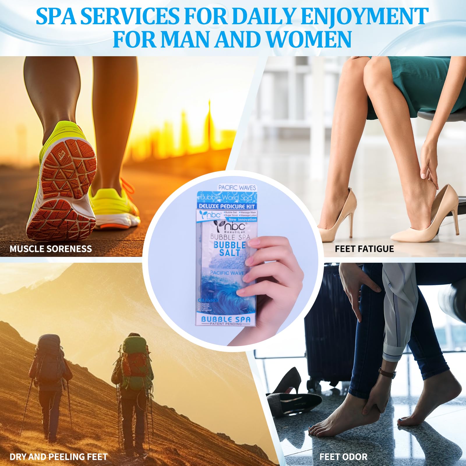 Pedicure Kit Foot Soak Set: Bubble Salt, Sugar Scrub, Massage Mask, Massage Lotion in a Box, 4 Step Foot Spa Kit for Dry Feet,Tired Feet(3 Set Tropical Fruit): 3 set Pacific Waves