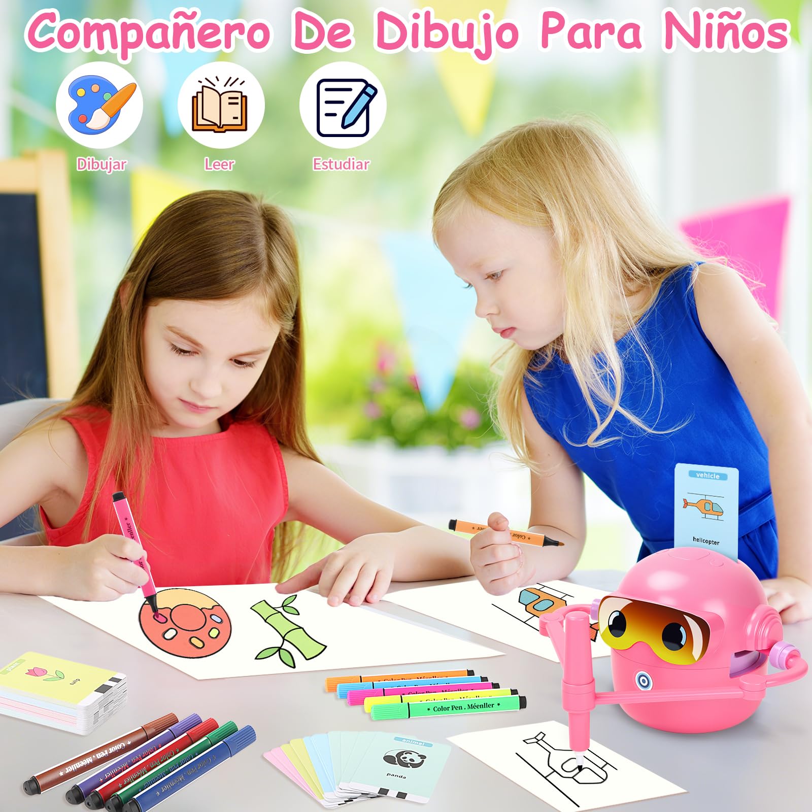Charmofun Robot de Dibujo para Niños, Drawing Robot con 100 Tarjetas, Robots Inteligente Juguete Recargable, Juguete Educativo Interactivo con Voz para Niños y Niñas a Partir de 3 Años (Rosa-2)