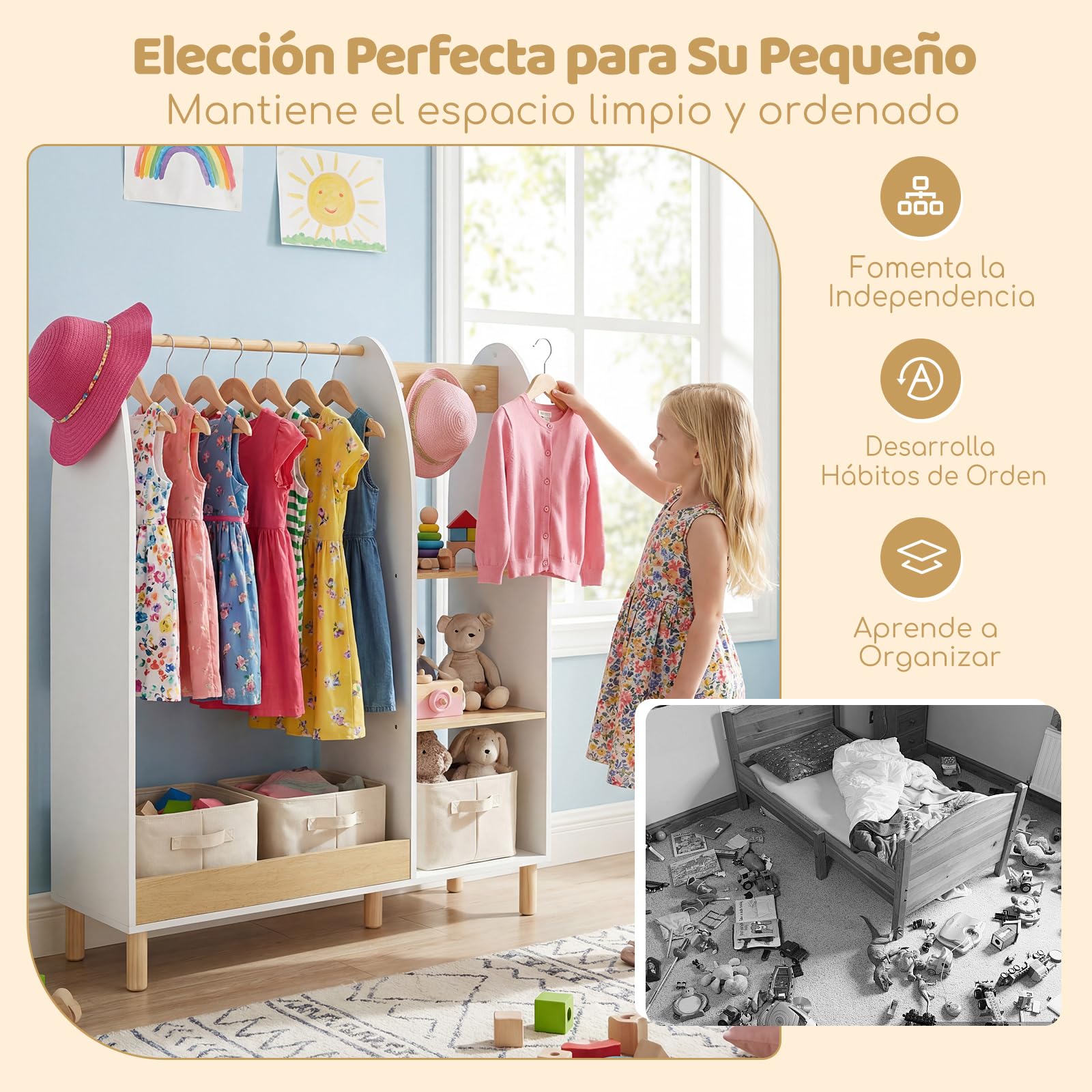 COSTWAY Armario Infantil con Espejo y Luces, Armario de Ropa con Estantes y Ganchos para Niños