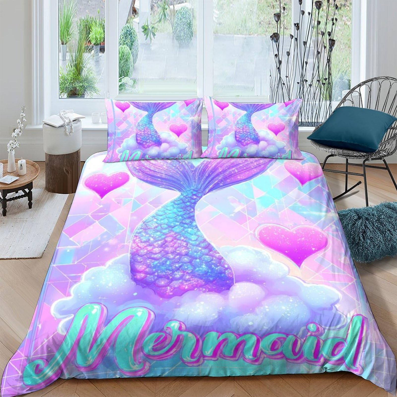 Ctjqhvkz Style-7 3D Printed Mermaid Tail Fitted Sheet Microfiber Soft Purple Blue Clouds Heart Bed Cover For Bedroom Dorm Mattress Protection Decor Single（135X200cm）