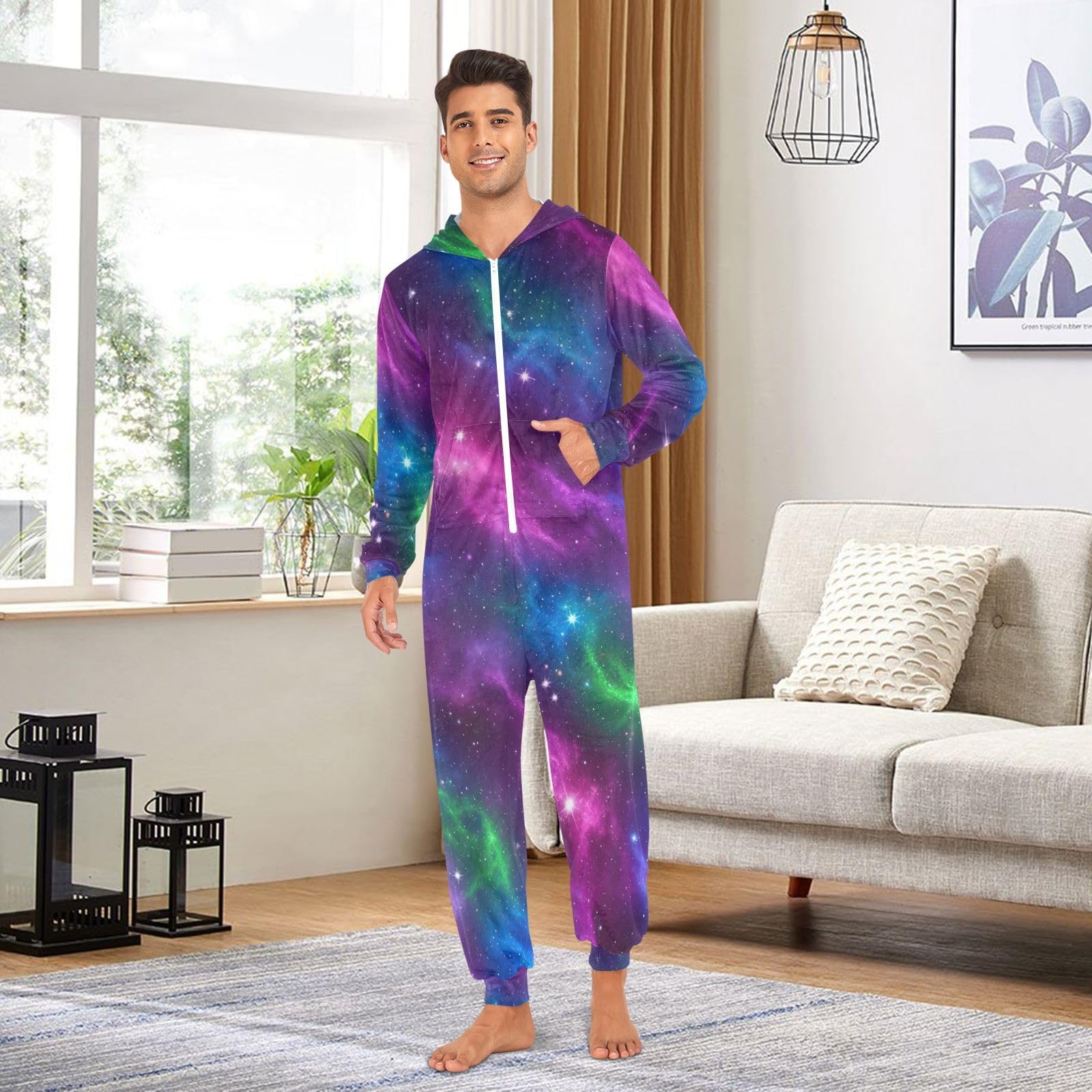 Tutina da adulto colorata con nebulosa galassia per uomo e donna, tuta in pile con cappuccio, costume da pigiama con cerniera