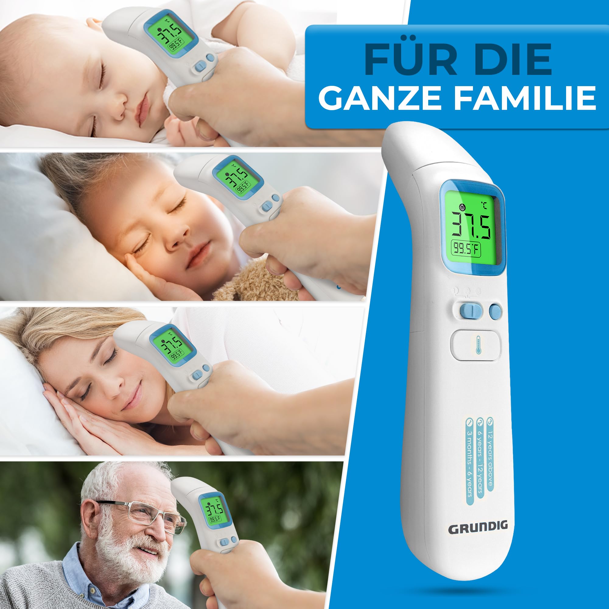 GRUNDIG Termómetro de fiebre ganador de la prueba – sin costes de seguimiento – Termómetro para bebés, niños y adultos, alta precisión, sin contacto y fiebre digital en la frente de la oreja y objetos