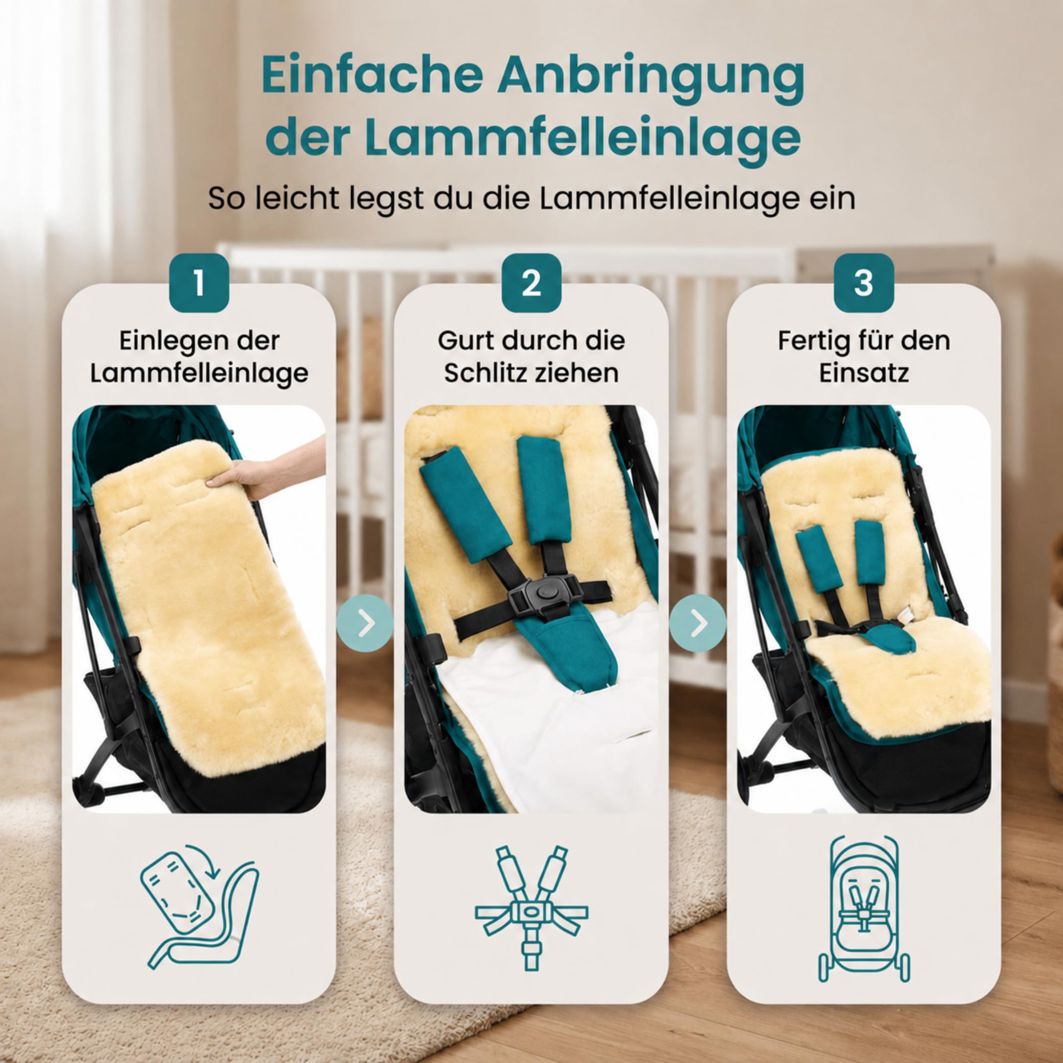 Fillikid Lammfelleinlage 73×33 Premium Merino-Lammfell für Kinderwagen Buggy Autositz mit Gurtschlitzen universal