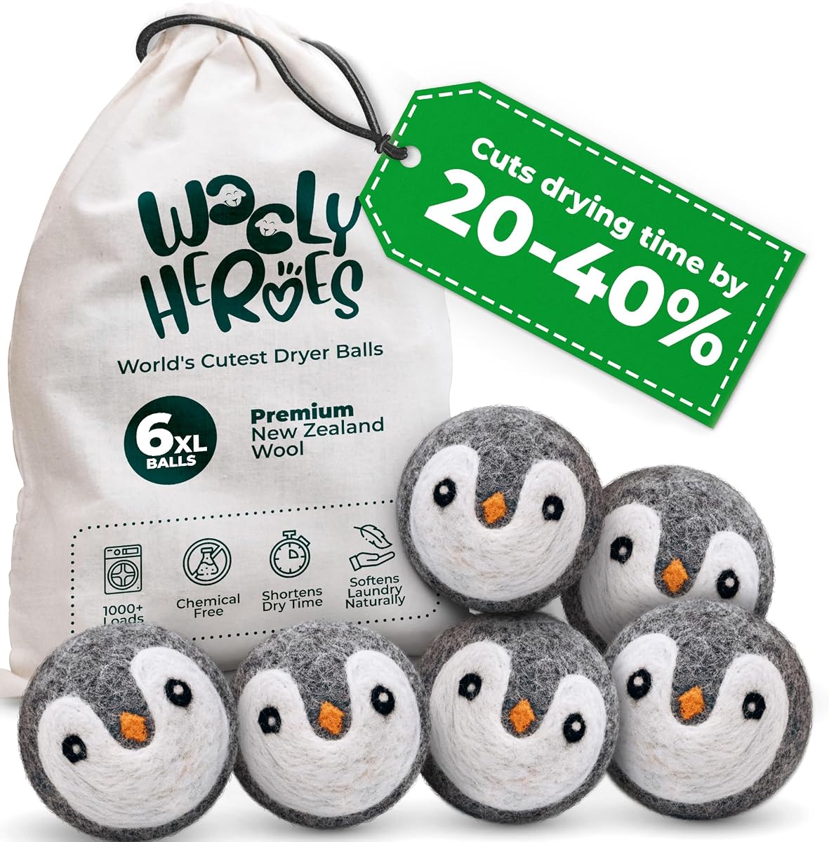 ¡Libre de químicos y seguro para bebés! Bolas de lana reutilizables para secadora XL, paquete de 6: reduce la estática, reduce el tiempo de secado y suaviza naturalmente