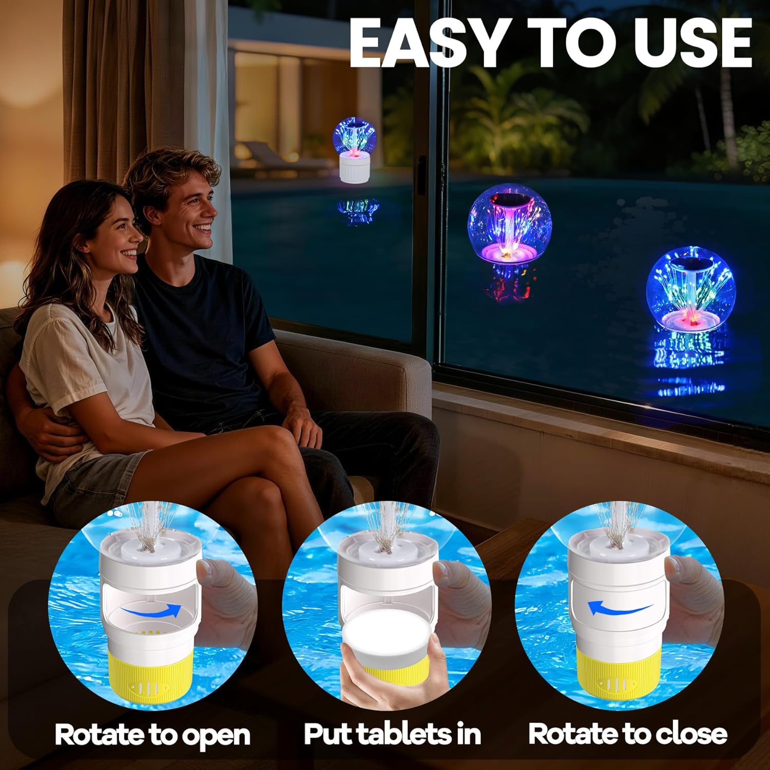 AquClor 2026 Upgraded Pool Chlorine Floater with Firework Light,Solar Chlorines Floaters w/Adjustable Release,Large Capacity Chlorine Floater,Floating chlorines Dispenser for Pool,Hot Tub,Yellow