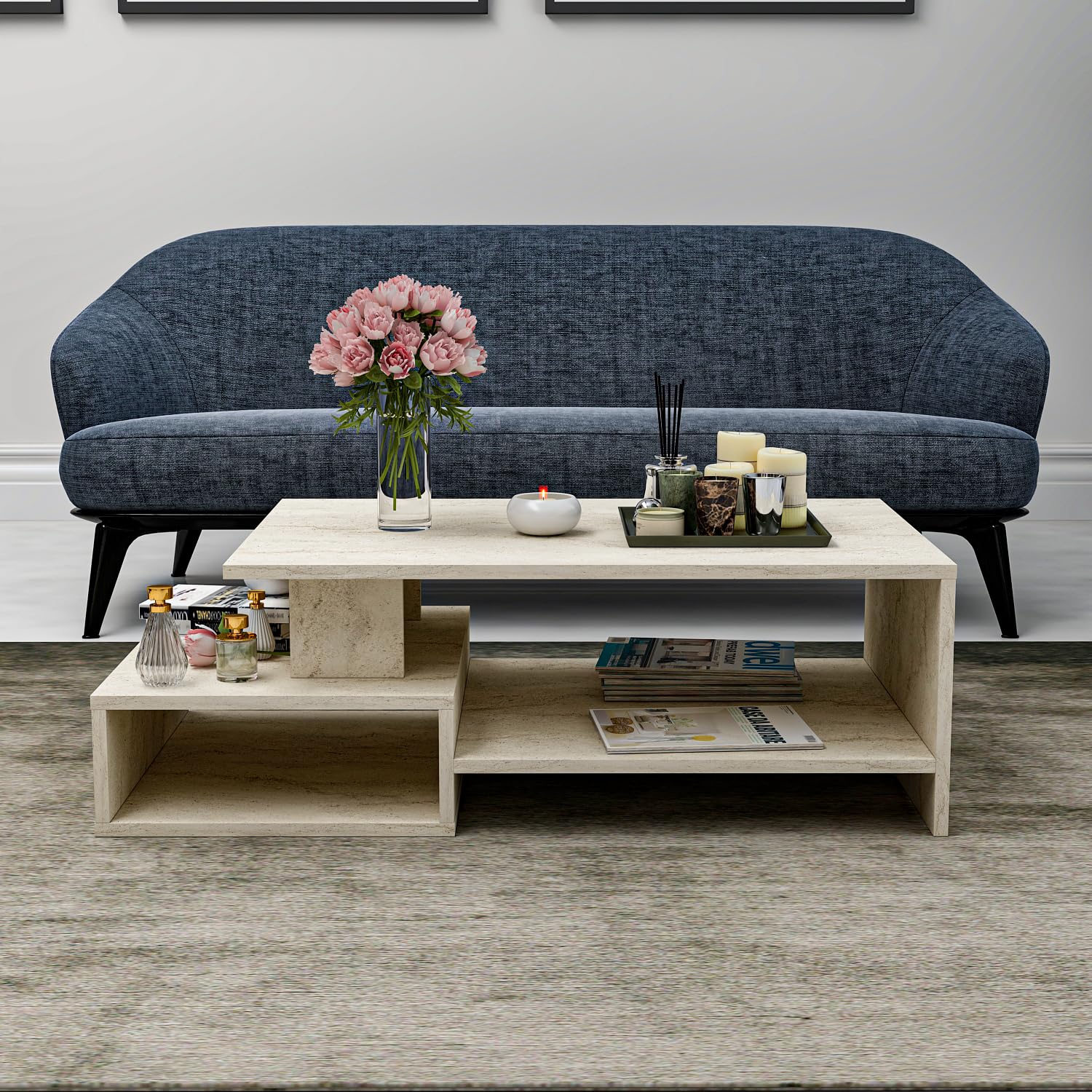 HOMIDEA DUX Couchtisch aus Holz - Wohnzimmertisch - moderner Kaffeetisch in trendigem Design mit Ablage (Travertin)