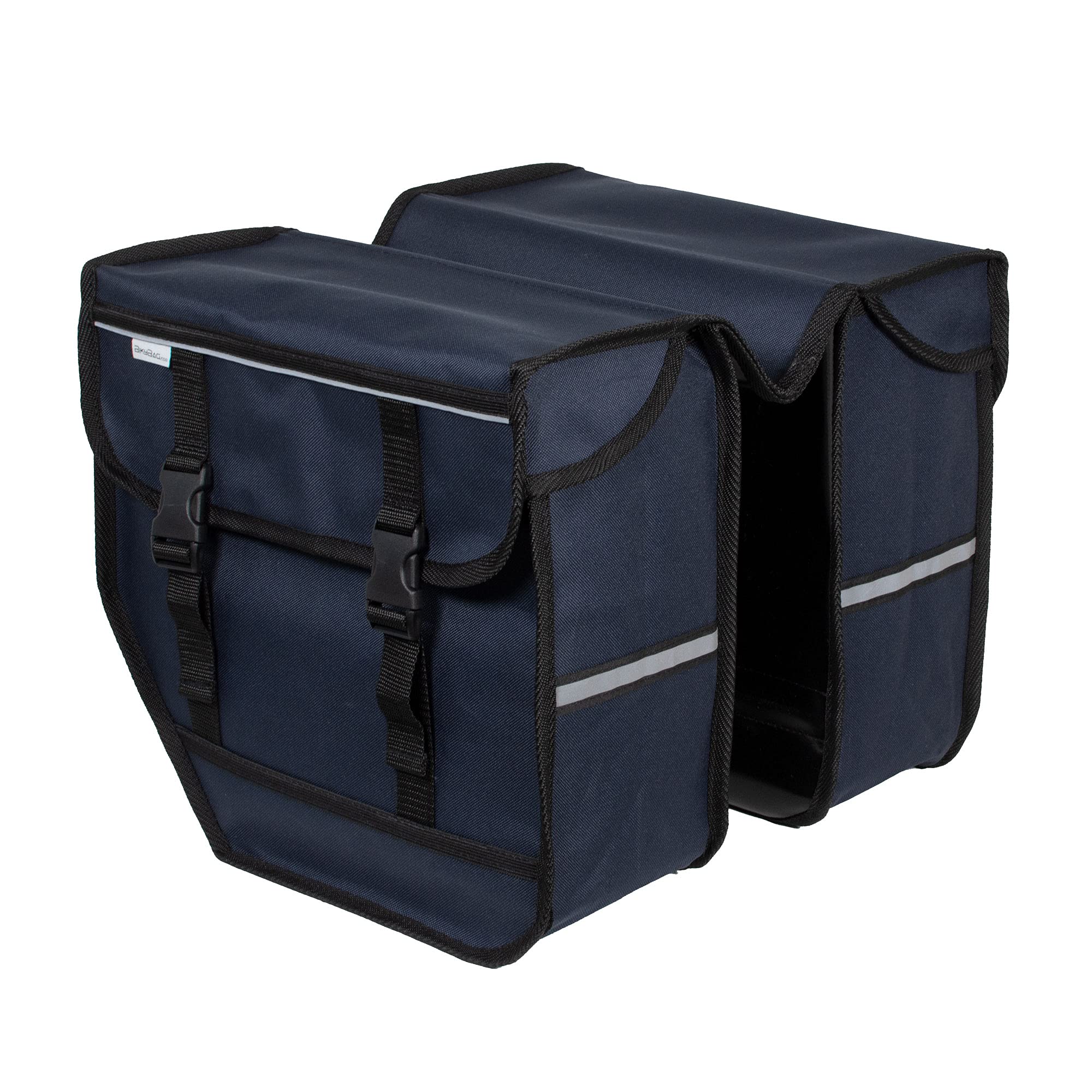 Model M - Alforjas Dobles para Bicicleta 28L (2x14L), Resistentes al Agua, Recorte para el Talón, Estructura Reforzada en U, Bandas Reflectantes (Azul Marino)