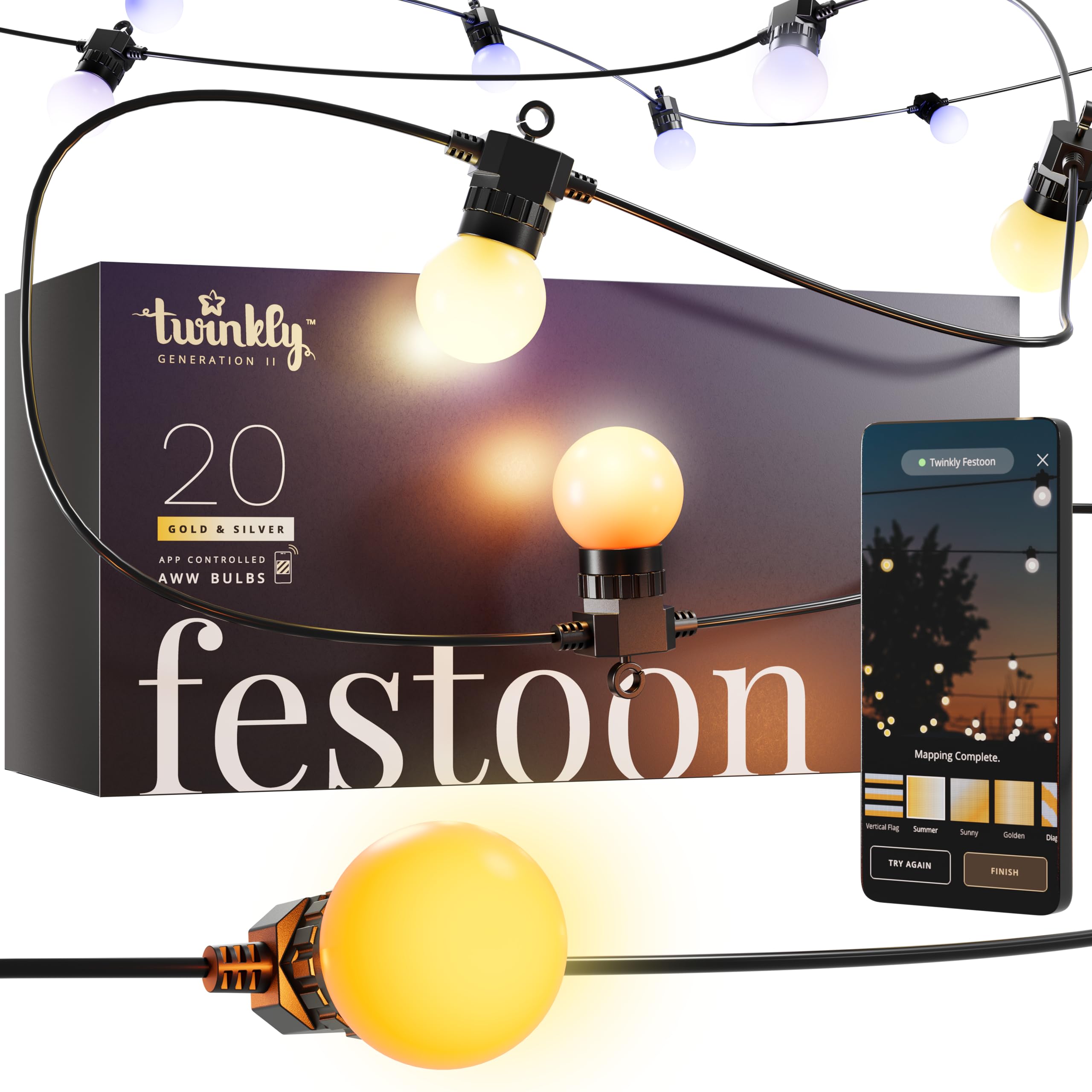 Twinkly White Leds Festoon 20 Light Chain With 20 Led Bulbs, Outdoor And Indoor Lights From Warm To Cool White, Compatible With Alexa, Google Home, Ip44, Controlled By App, Black Cable, 10M