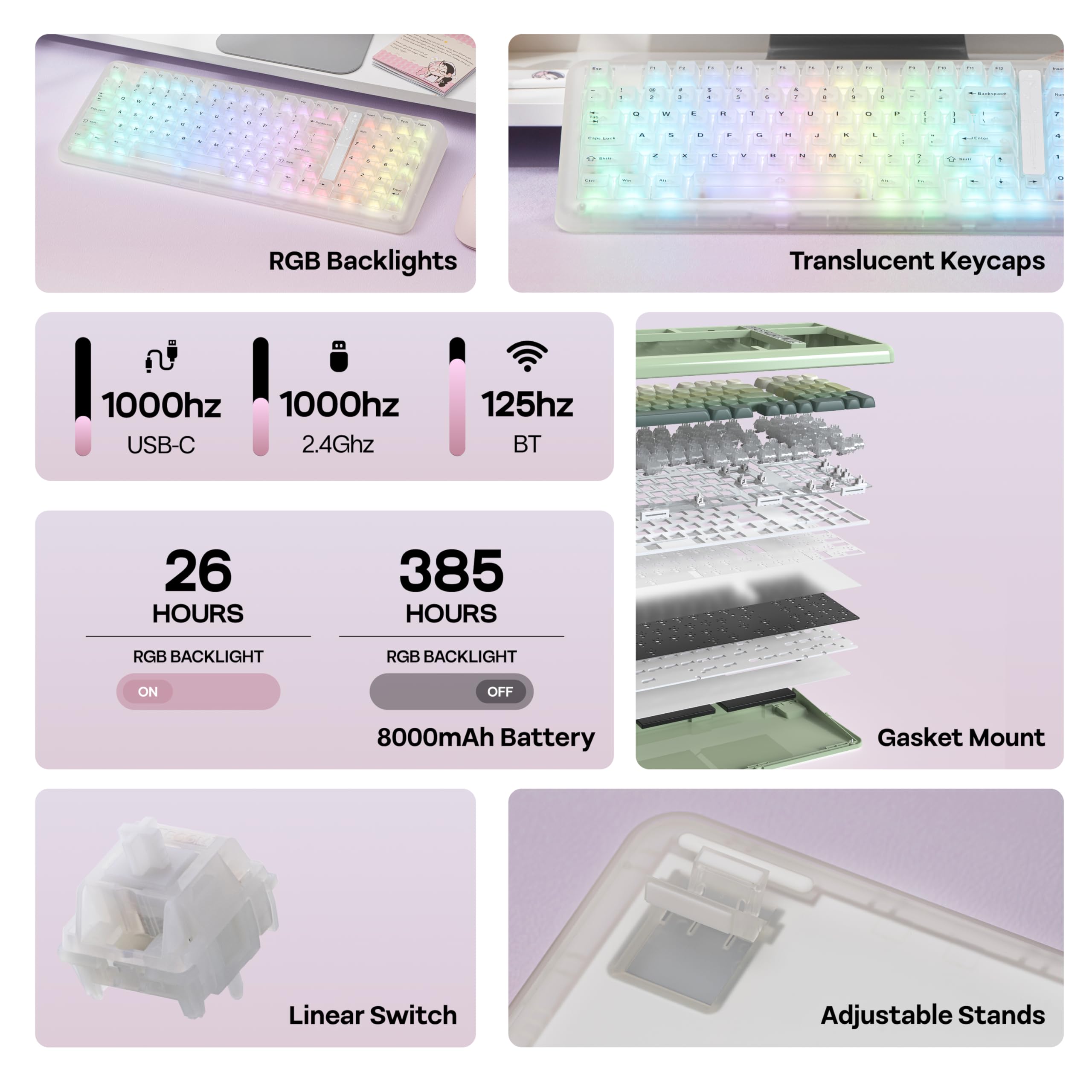 KiiBoom Phantom98 Lite 96% Clavier mécanique sans fil pour jeux, Via, clavier crémeux avec joint, batterie de 8000 mAh, échange à chaud, RGB, NKRO pour Win/Mac (Clear, Mochi Switch)