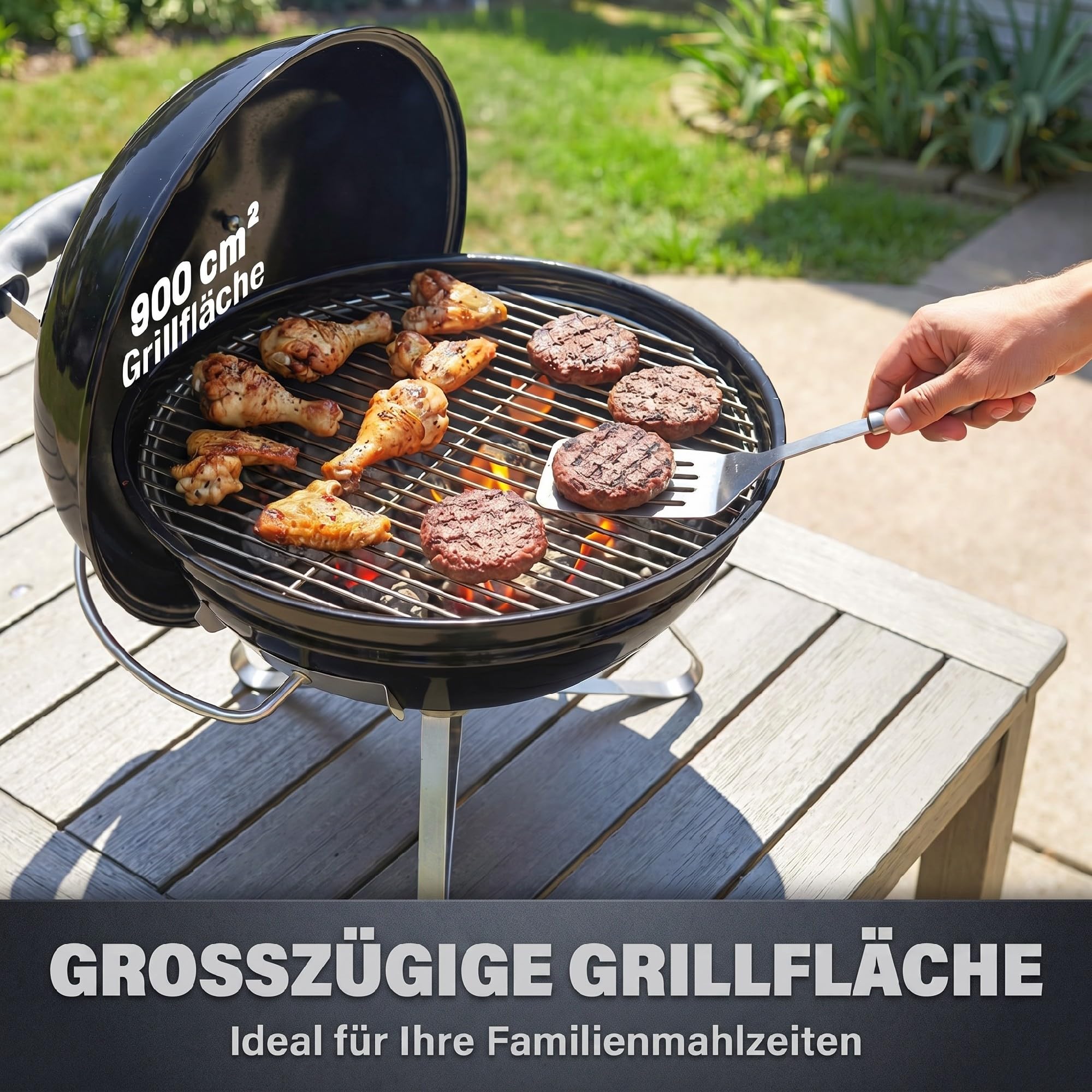 Outsunny Holzkohlegrill Smoker Kugelgrill mit Deckel 41 x 41 x 44cm Schwarz