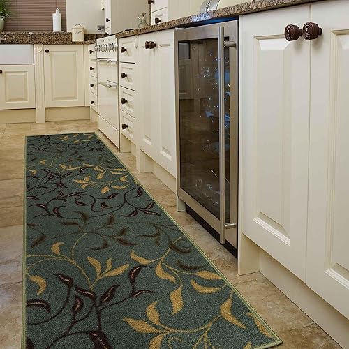 Immagine del prodotto Ottomanson Passatoia dal design contemporaneo con motivo foglie, collezione Ottohome, fondo in gomma, 57 cm x 210 cm, colore: Verde (spuma di mare)