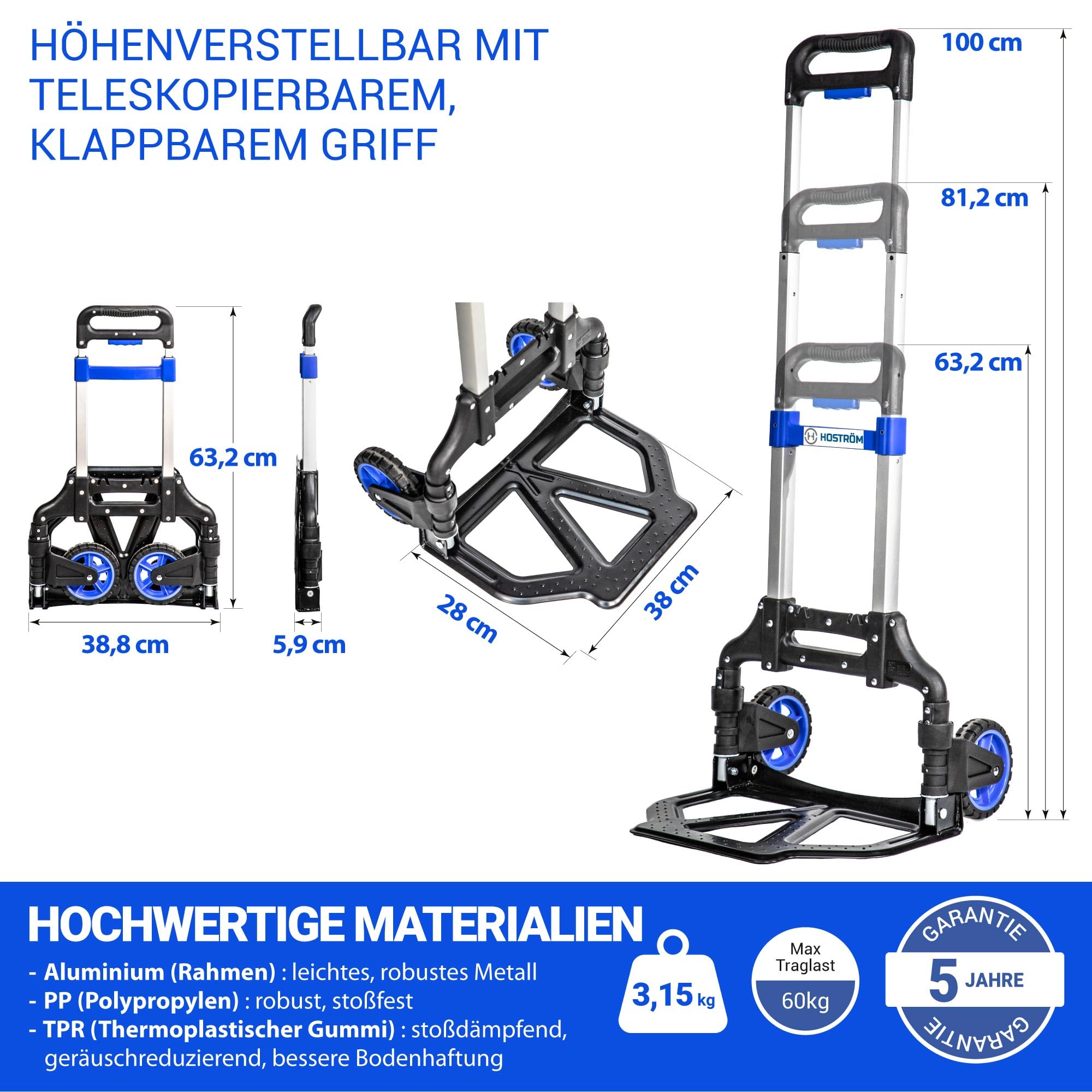 HOSTRÖM Sackkarre klappbar Aluminium, leicht & kompakt, 2 Räder, Tragkraft 60 kg, Umzug & Transport, 5 Jahre Garantie