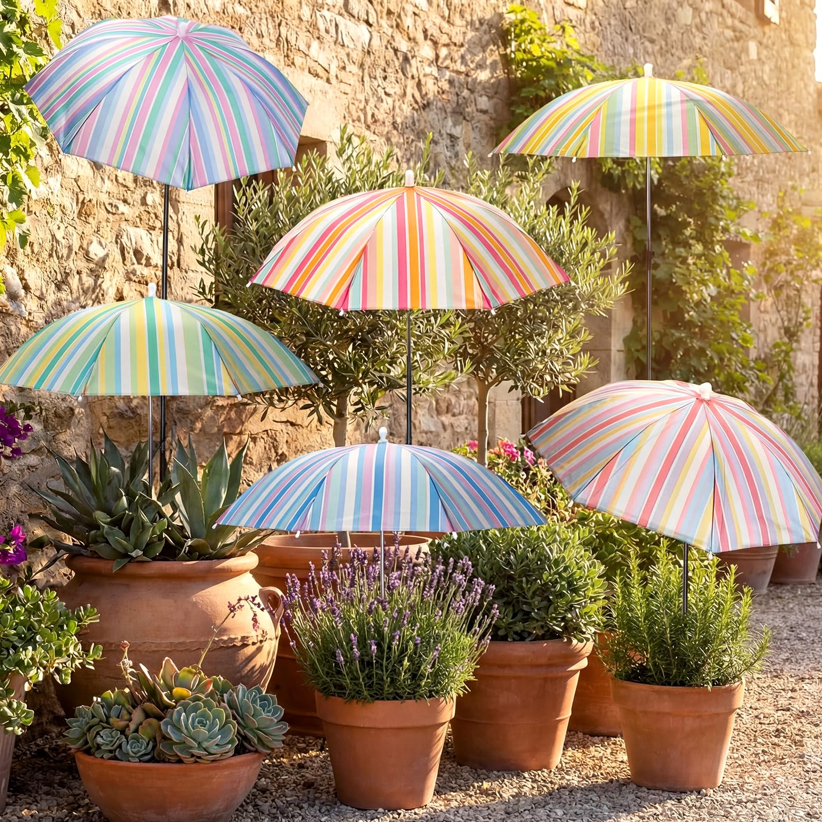 Photo 1 of Hillban 6 Pack Plant Shade Umbrellas for Outdoor Plants 23.6" Large Garden Umbrella Shade for Potted Flower with Adjustable 40" H Sunshade Cover for Patio Garden Bed Flowers(Striped Pattern)