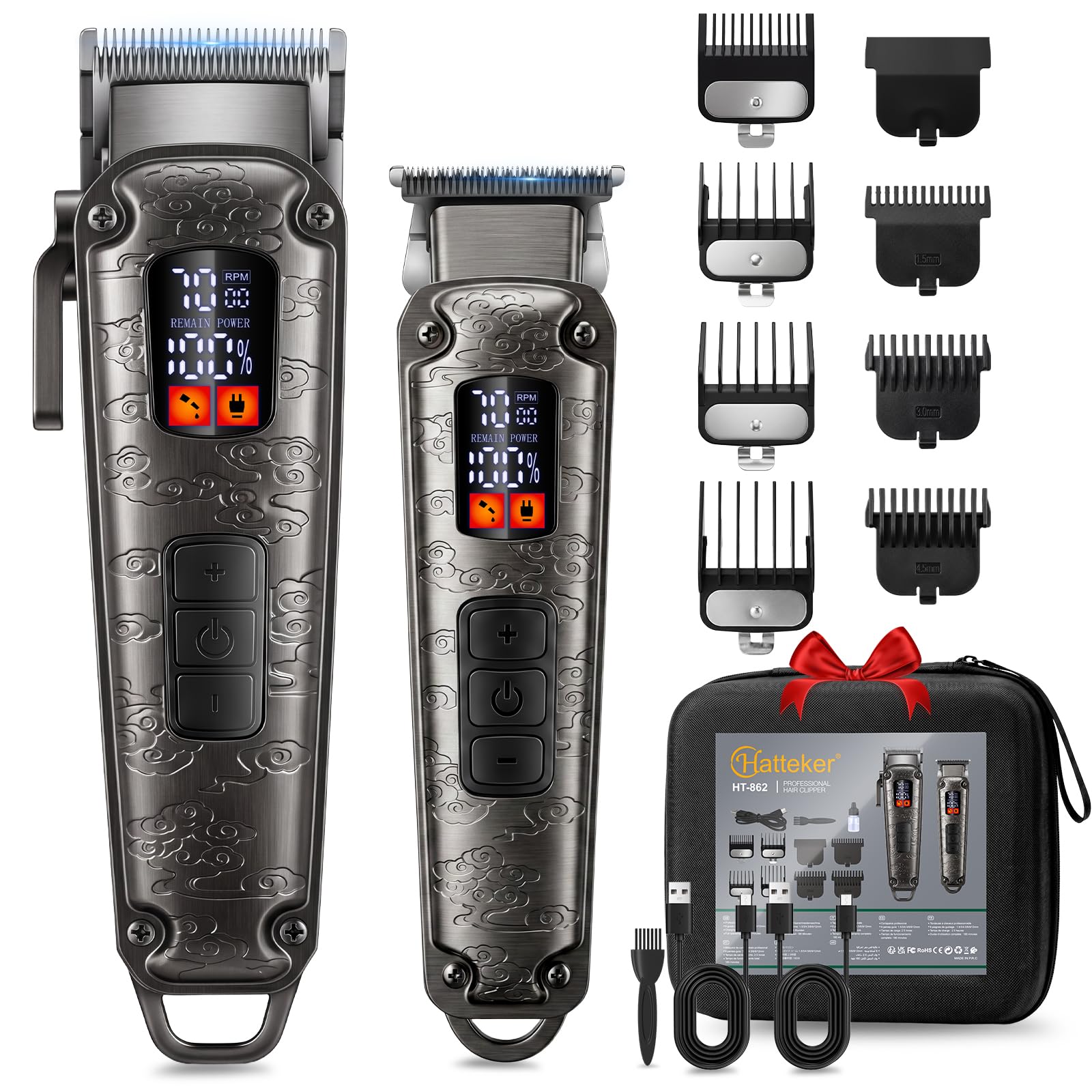 Hatteker Haarschneidemaschine Haarschneide-Kit Herren Bartschneider Clipper Set T-Blade Trimmer Schnurloses Grooming Kit LED-Display USB Wiederaufladbar (Grau)