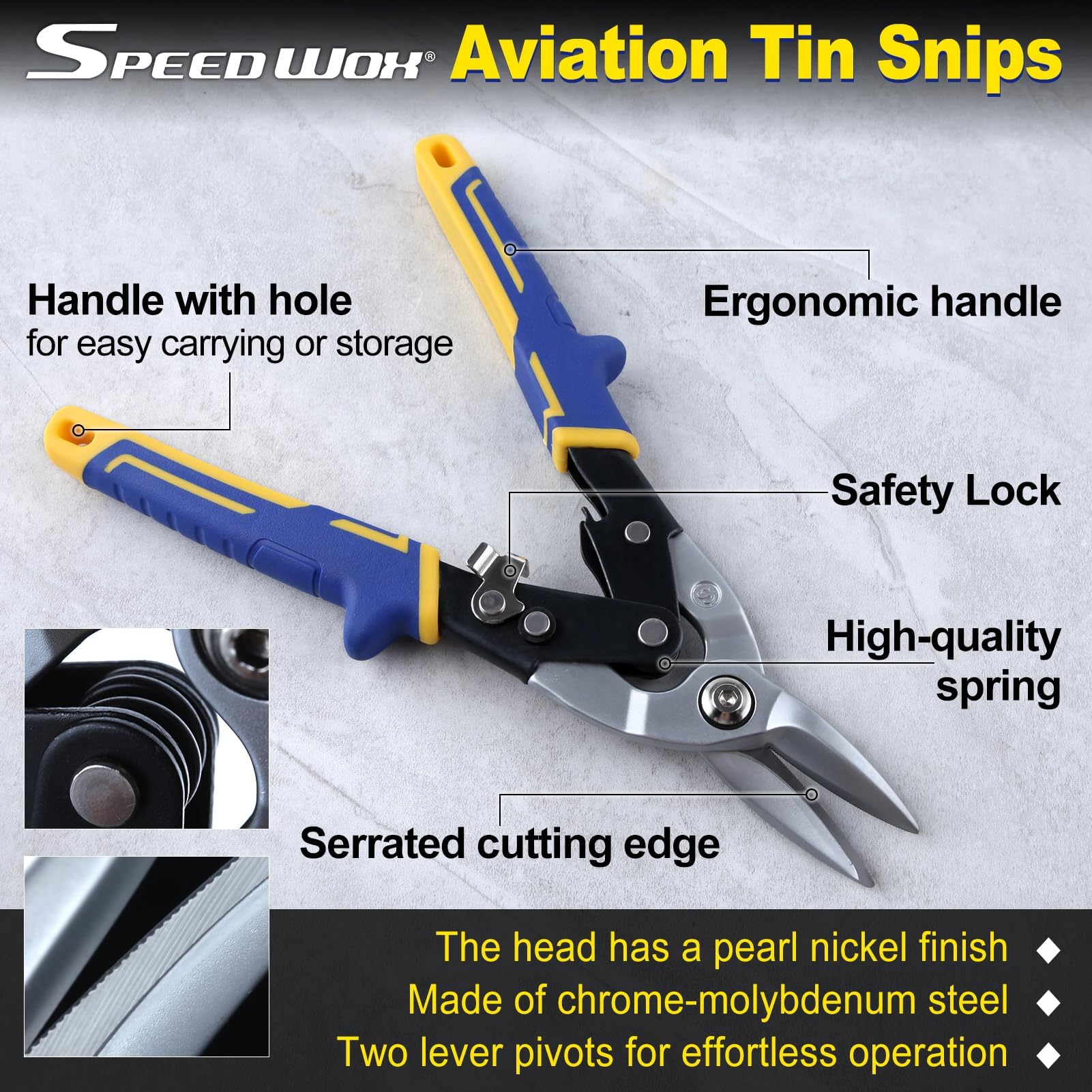 SPEEDWOX 10 Inch Straight Cut Aviation Tin Snips Offset Aviation Snip Labor Saving Tin Snip Wire Cutter for Cutting Metal Sheet with Serrated Jaws Non-Slip Handle Safety Latch and Hanging Hole - Image 2