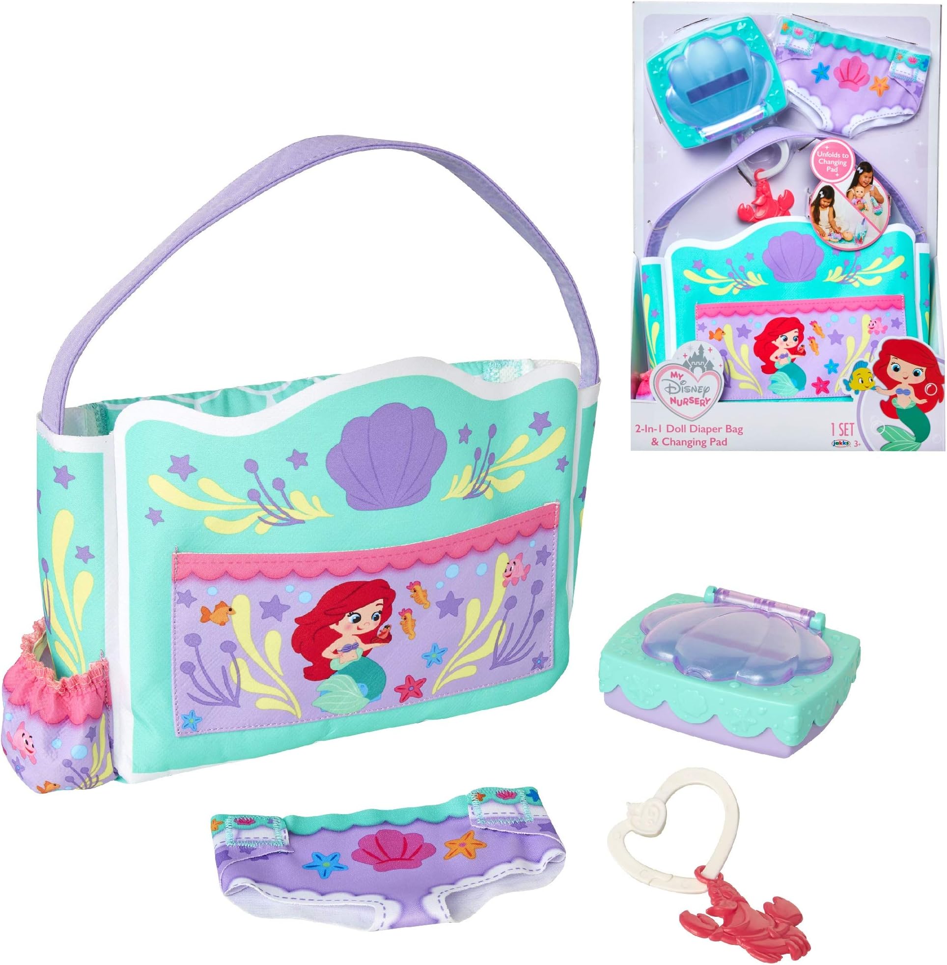 My Disney Nursery Baby Doll Accessories, Ariel Transforming 2-in-1 Diaper Bag & Changing Pad for Dolls Inspired by Disney The Little Mermaid! Pretend Wipes Toy Container, Diaper Clip with Charm