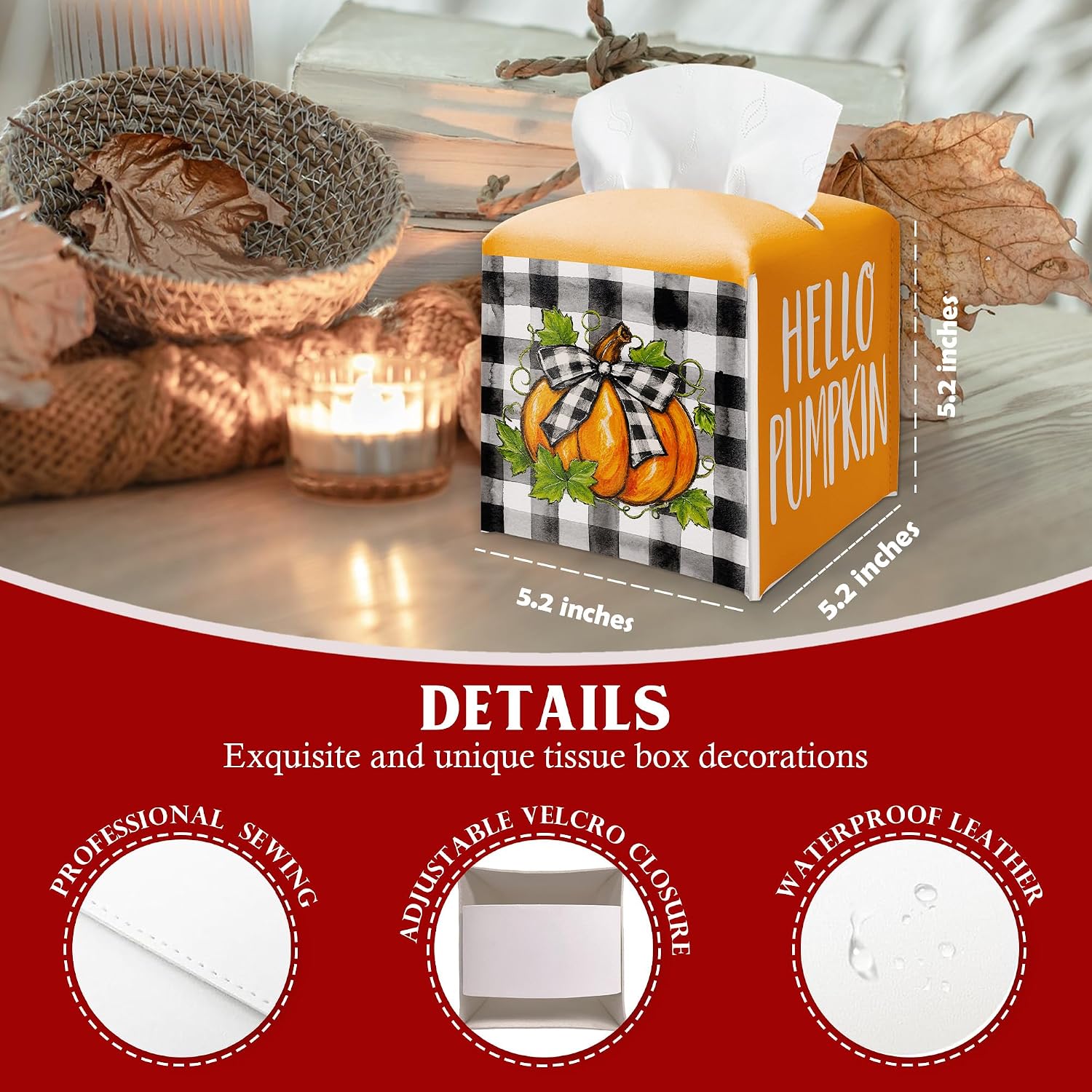 Hello Pumpkin Tissue Box Cover, Autumn Tissue Holder for Home Kitchen Deor image 2