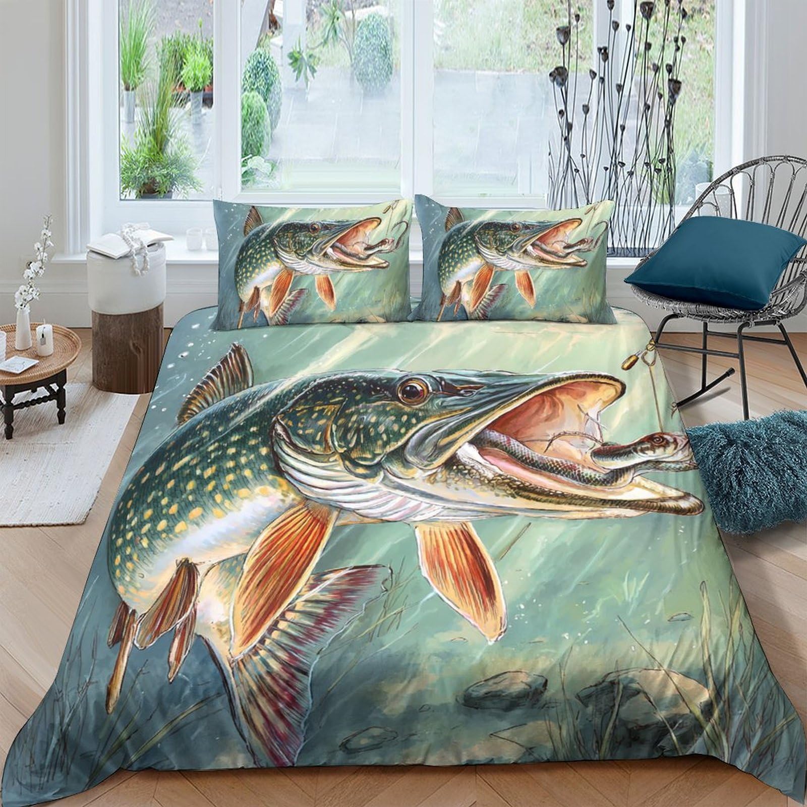 TUFRTGYHN 3D Printed Giant Pike Fish Duvet Cover Microfiber Soft Breathable Underwater Scene Bedding Set with 2 Pillowcases for Bedroom Decor, Single（135x200cm）