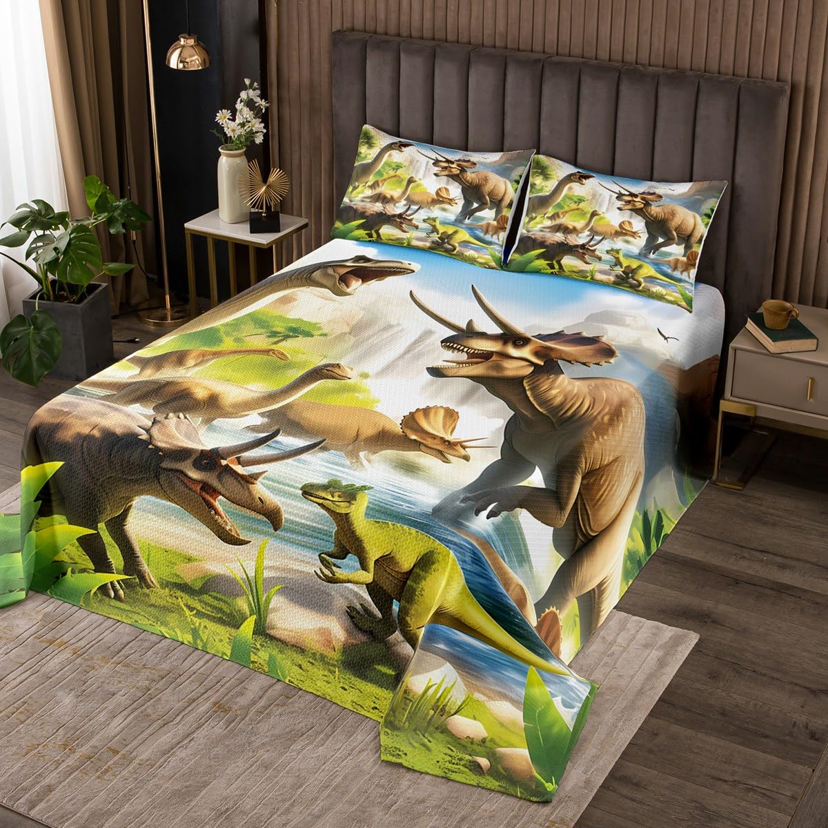 Feelyou Dinosaur Quilted Coverlet Queen Size 3D Dino Print Bedspread for Boys Girls Children Jungle Dino Coverlet Set Room Decor Wild Animal Breathable Soft Microfiber All Season 3Pcs