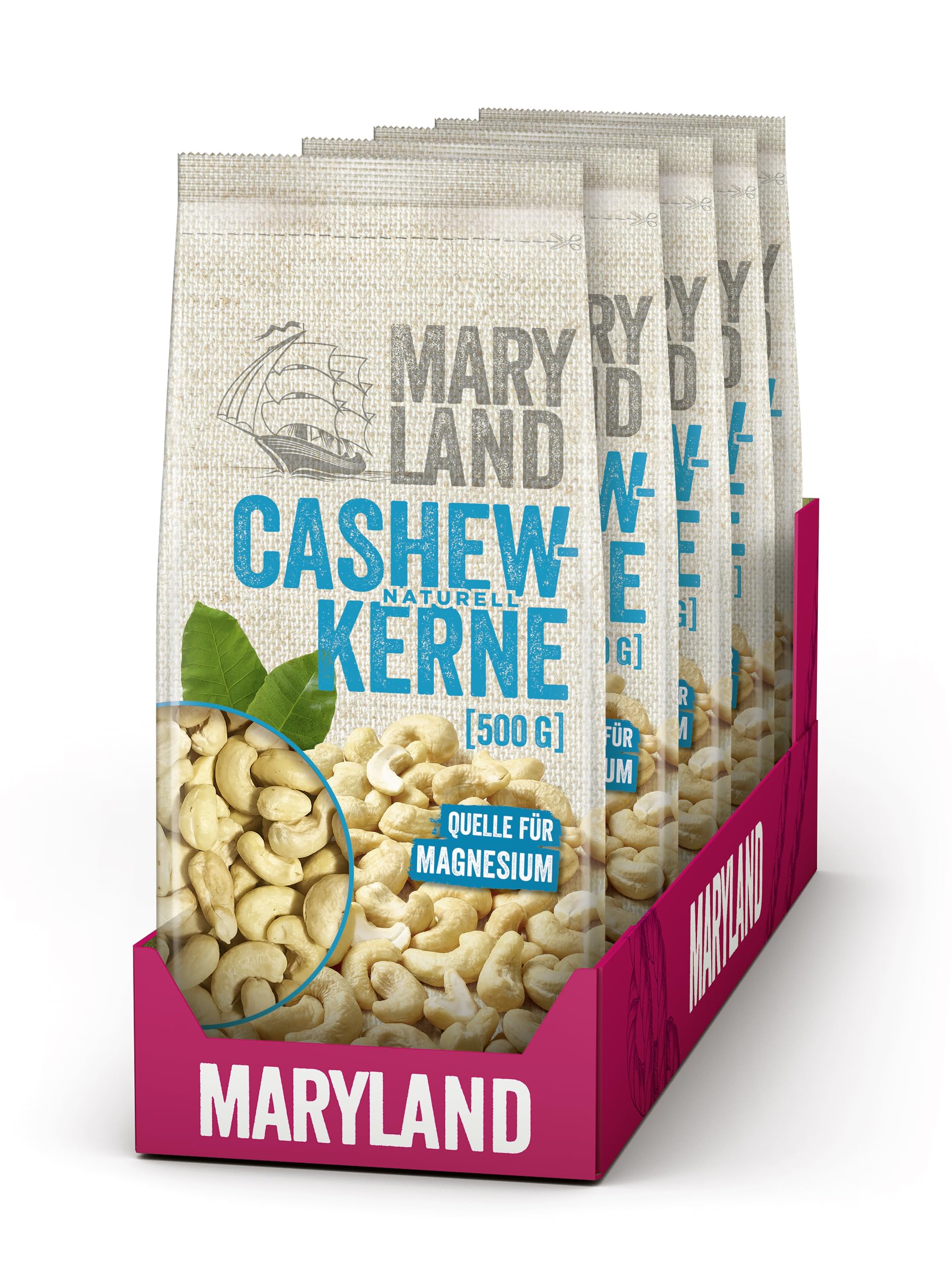 Maryland Cashewkerne 500g Beutel 5er Pack – Cashewkerne naturbelassen, vegan, frei von künstlichen Aromen, ohne Zusatzstoffe – Im Großbeutel Format genießen (5 x 500g)